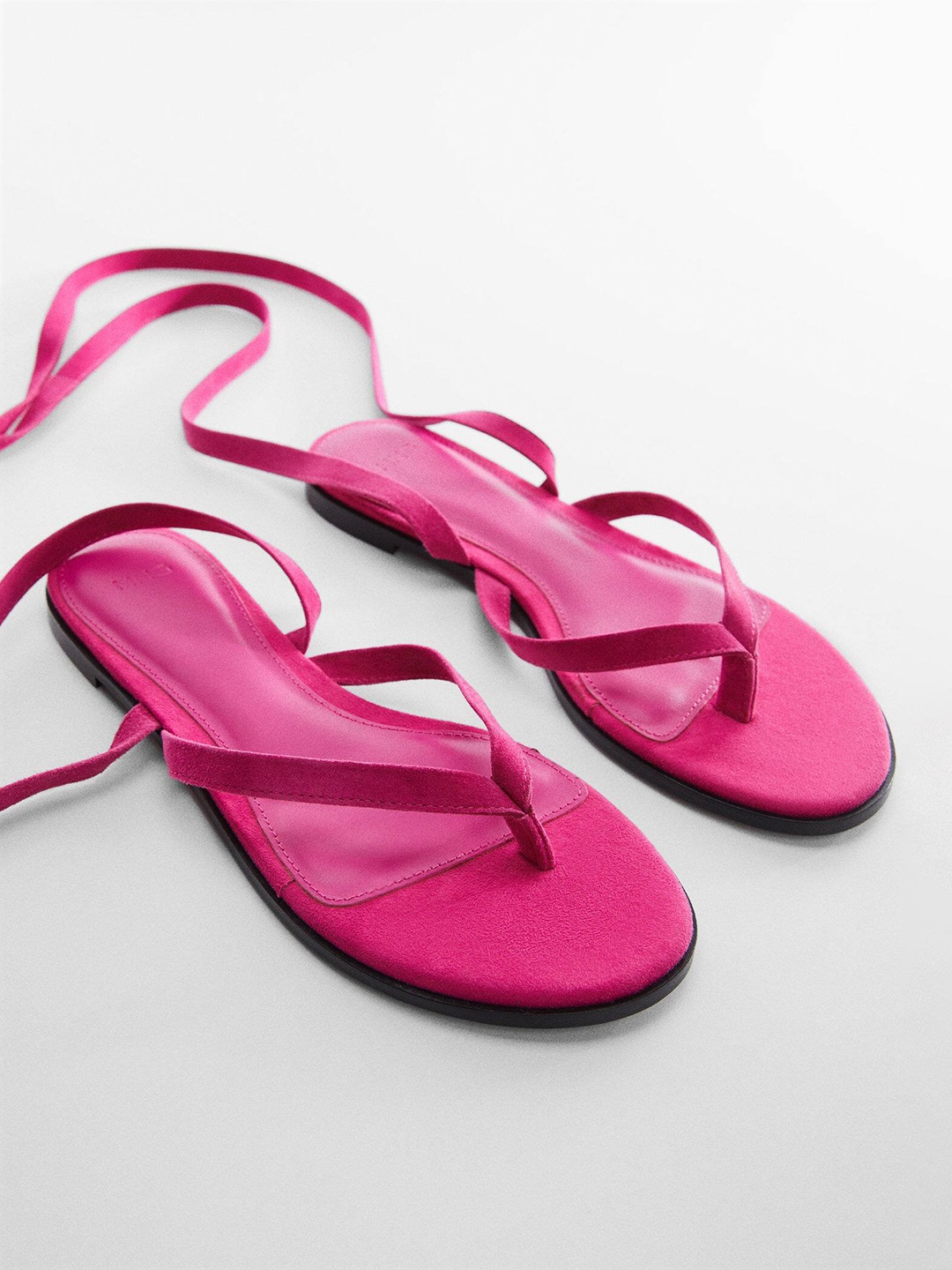 

MANGO Women Mid-Top Leather Open Toe Flats, Fuchsia
