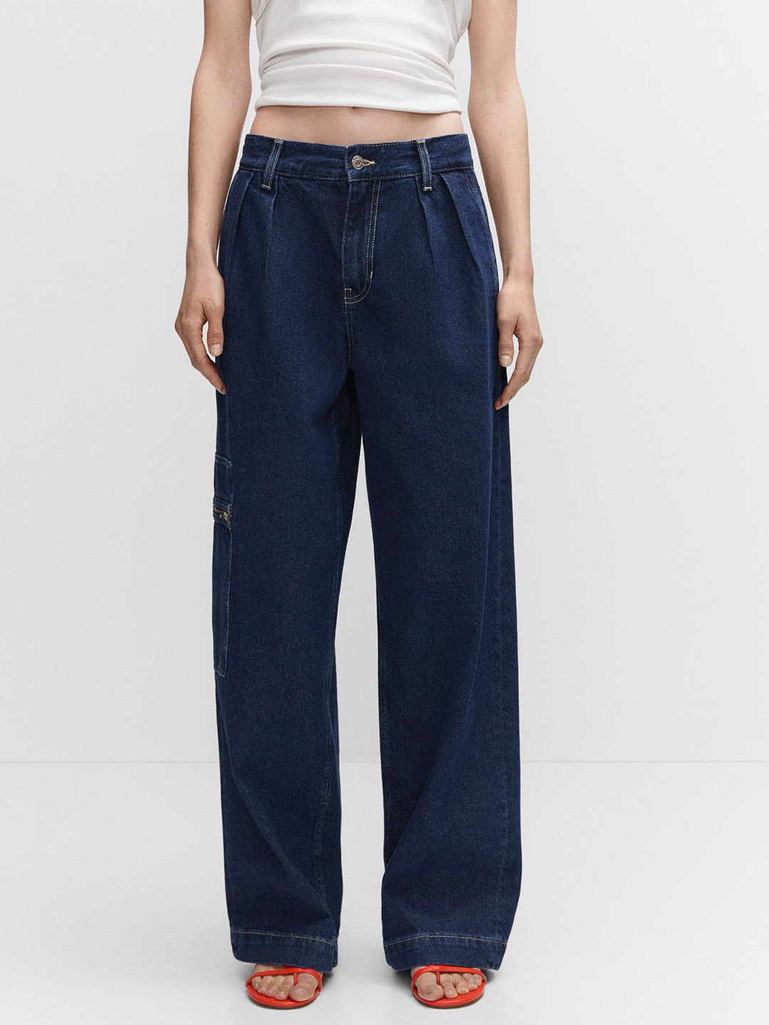 

MANGO Women Wide Leg Pure Cotton Cargo Jeans, Navy blue
