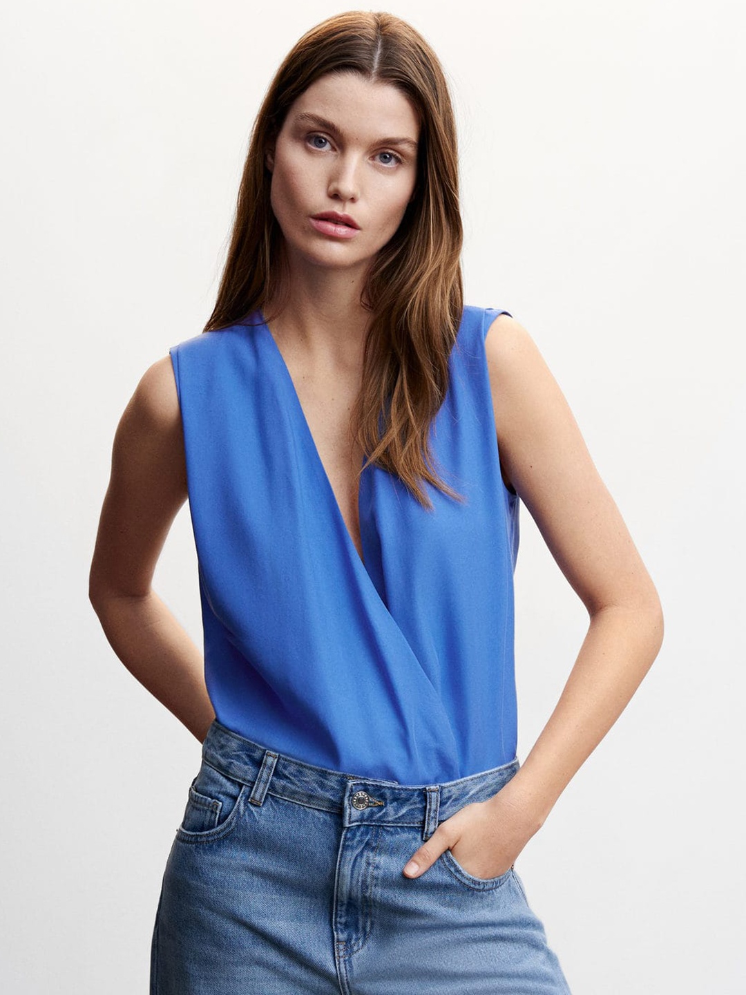 

MANGO Solid Wrap Top, Blue