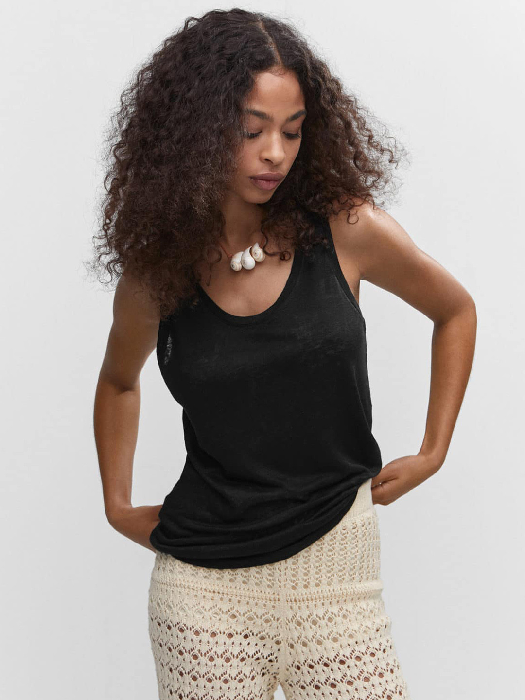 

MANGO Pure Linen Tank Top, Black