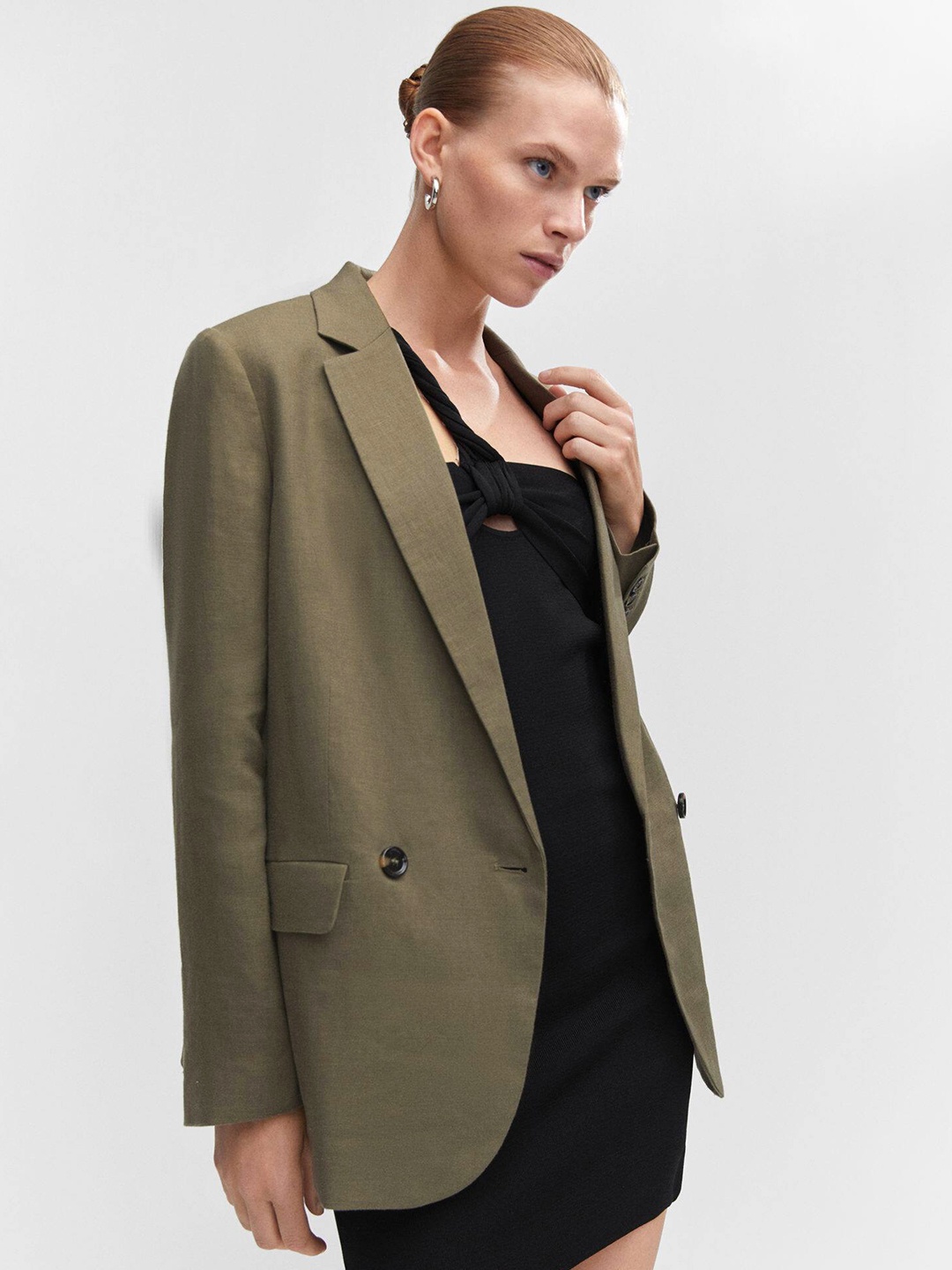 

MANGO Pure Linen Oversized Fit Double-Breasted Smart Casual Blazer, Olive