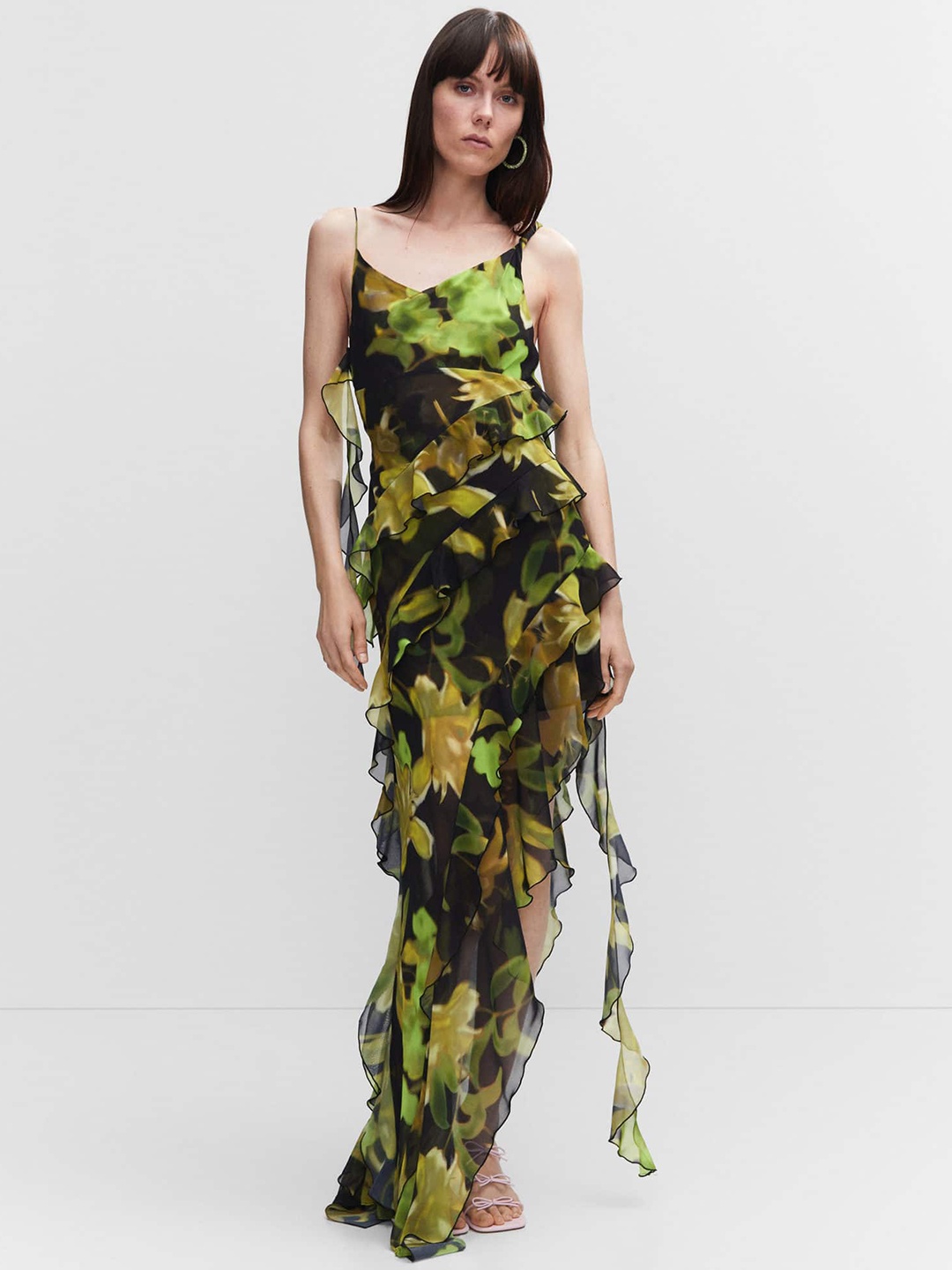 

MANGOFloral Print Ruffled Maxi Dress, Black