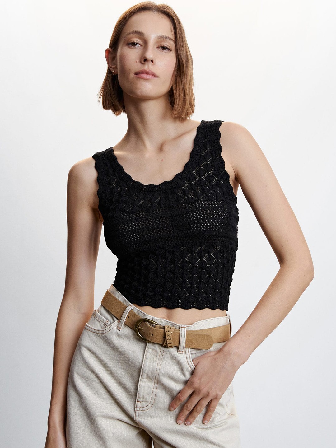 

MANGO Crochet Cotton Crop Top, Black