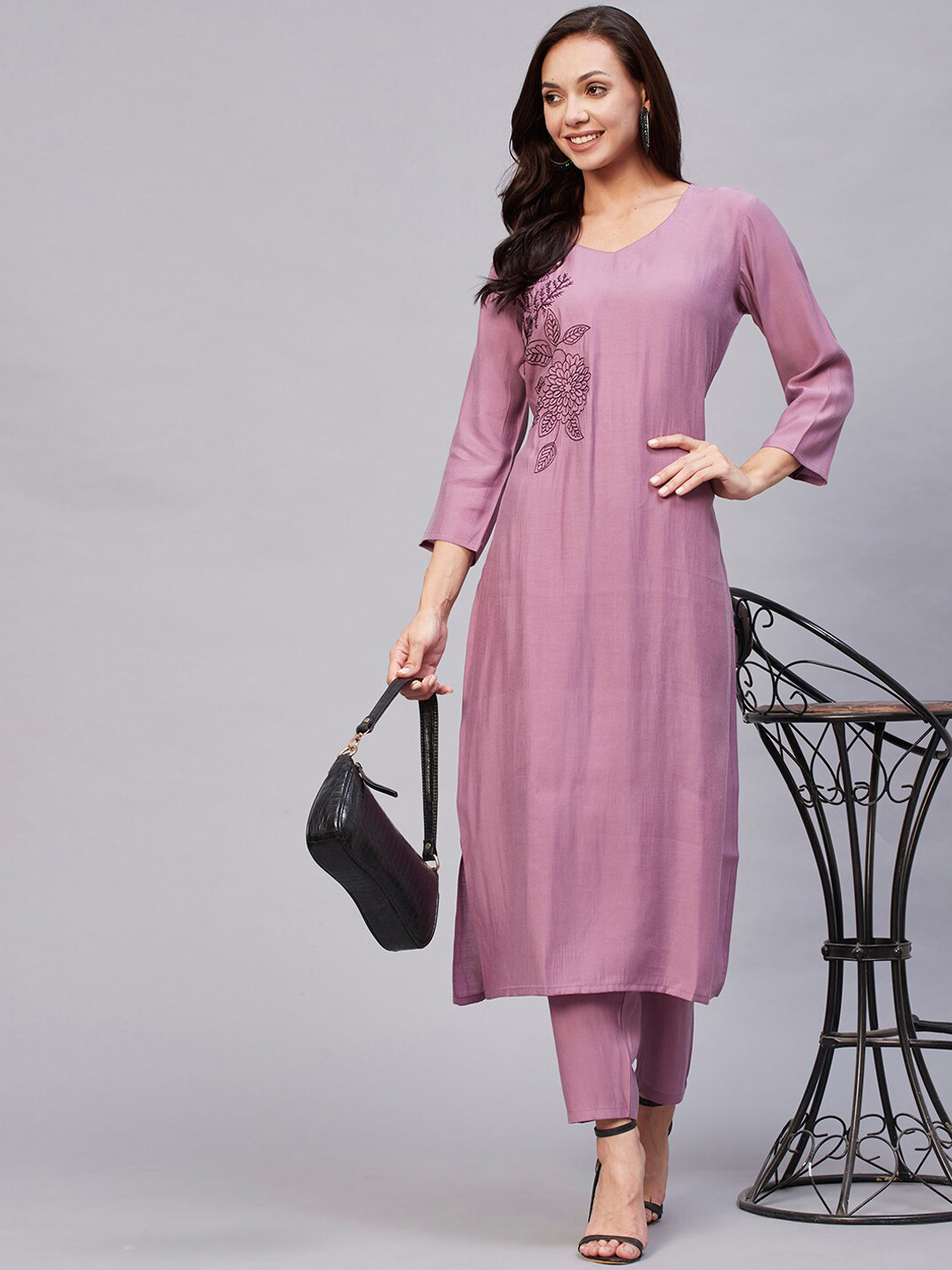 

KALINI Floral Embroidered Regular Thread Work Kurta With Trousers, Violet