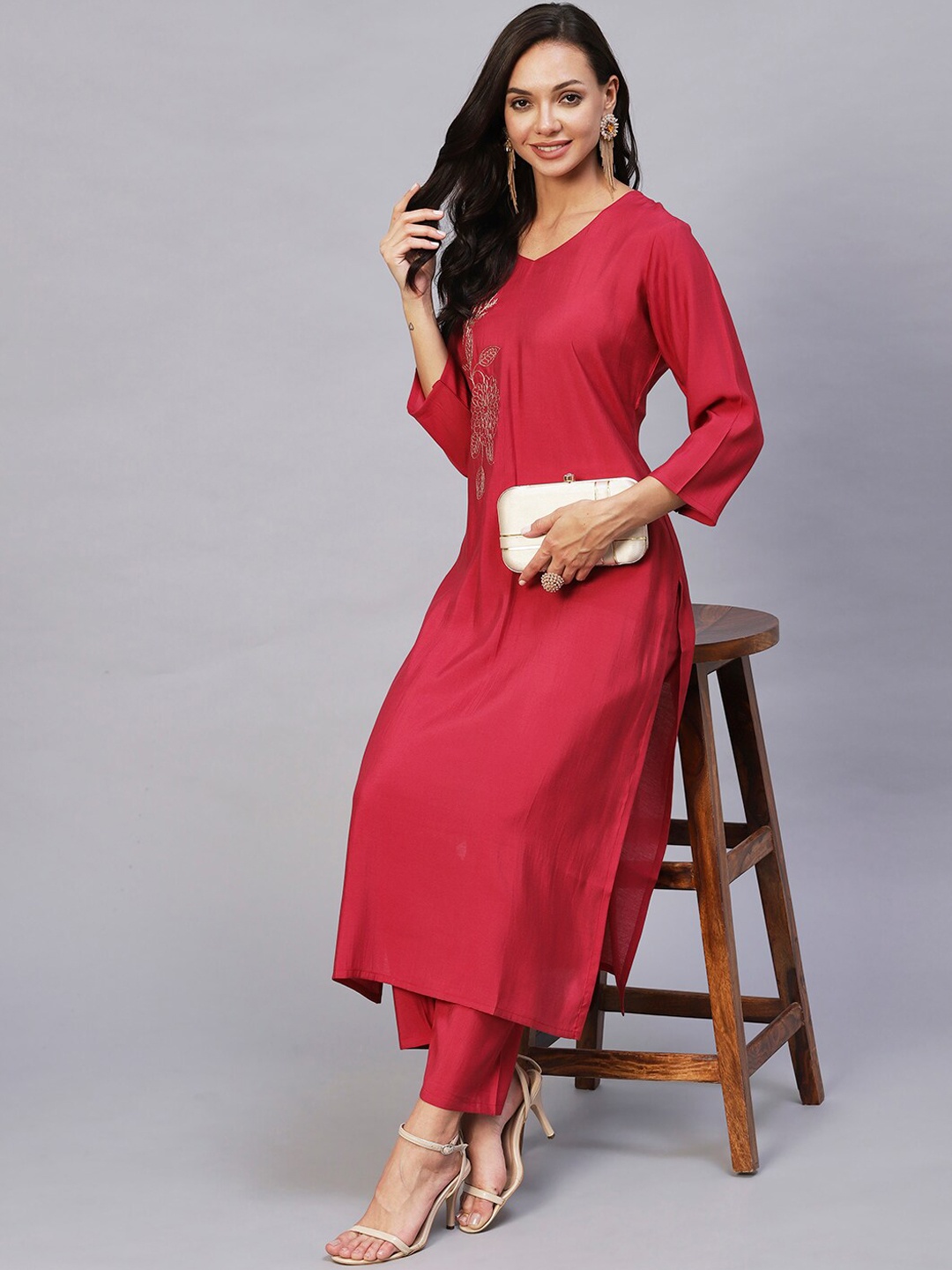 

KALINI Floral Embroidered Regular Thread Work Kurta With Trousers, Red