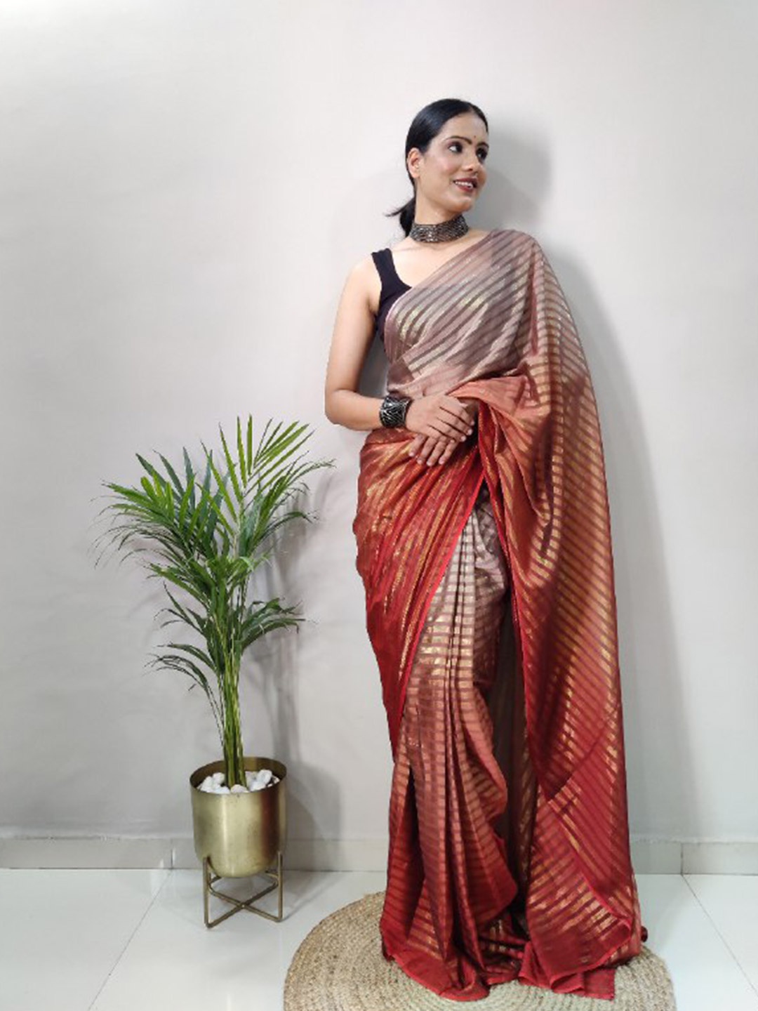 

VEERAX Striped Pure Georgette Saree, Grey