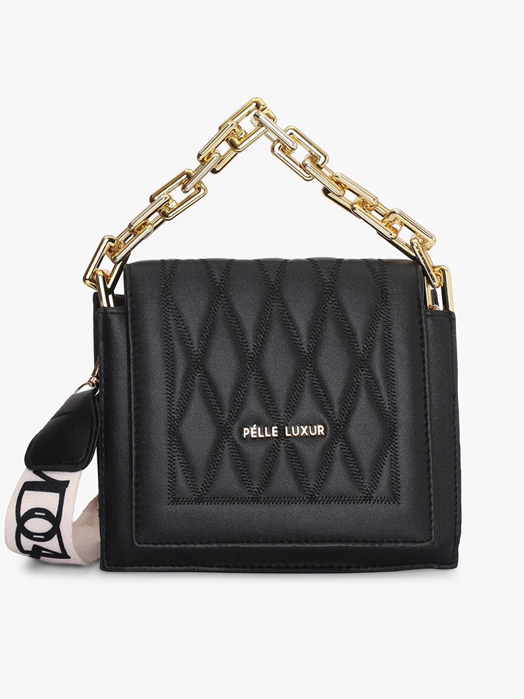 

PELLE LUXUR Textured Structured Handheld Bag with Quilted, Black