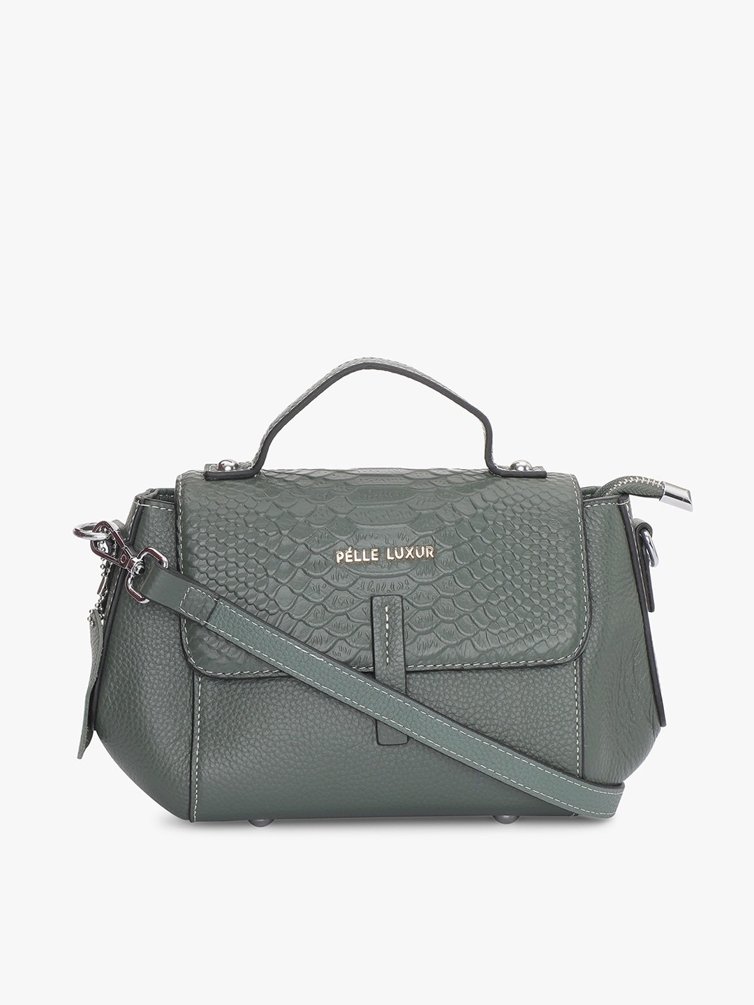 

PELLE LUXUR Textured PU Structured Satchel, Green