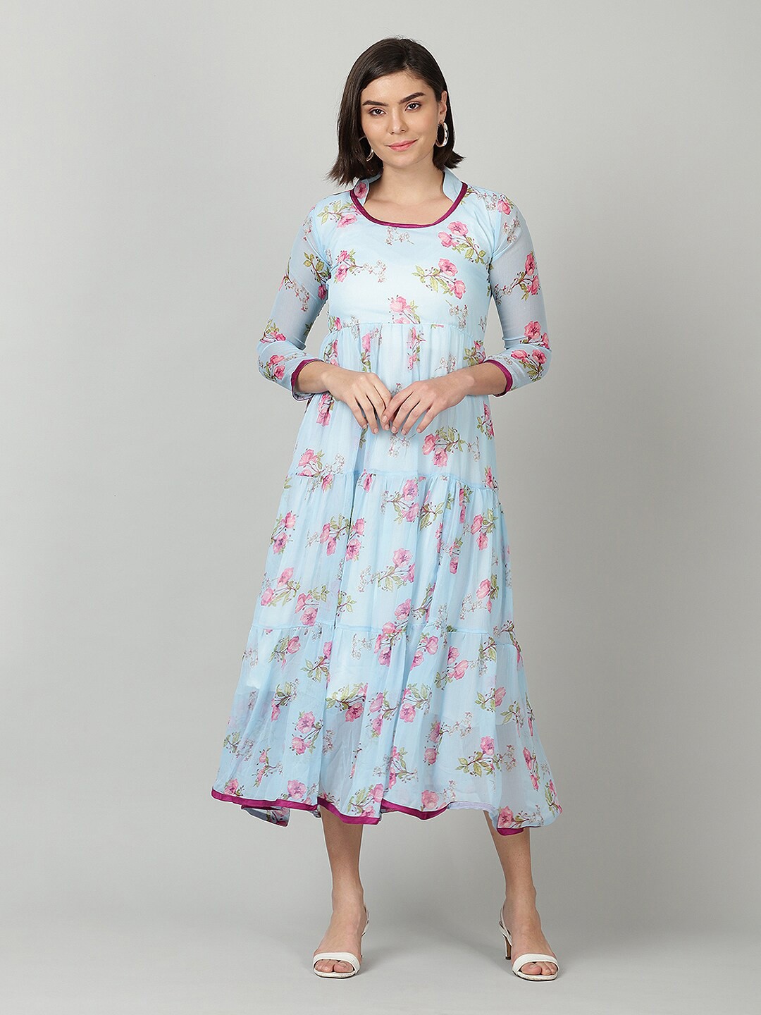 

Souchii Floral Printed Tiered Fit & Flare Midi Dress, Blue