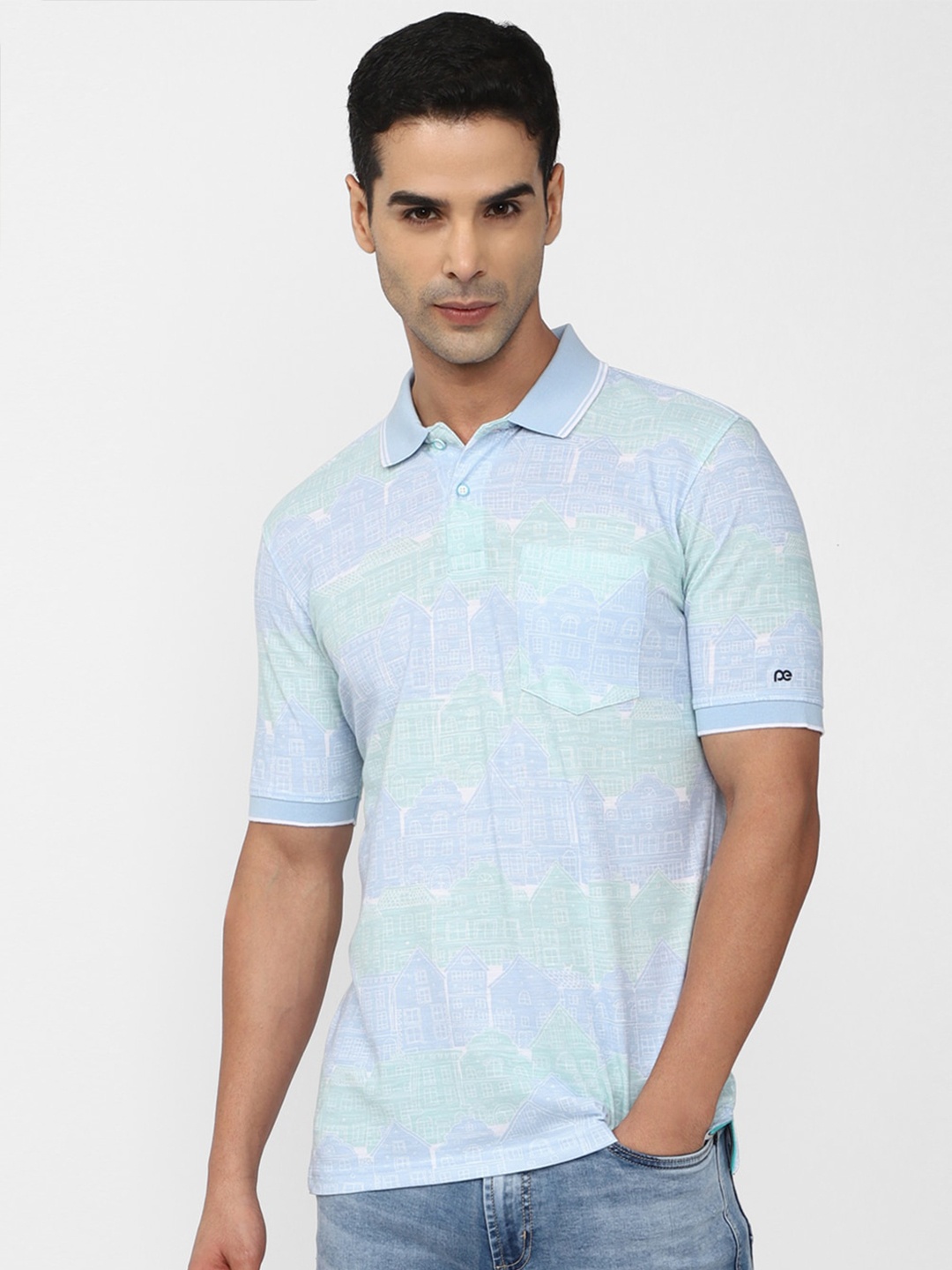 

Peter England Casuals Abstract Printed Polo Collar Cotton T-shirt, Blue