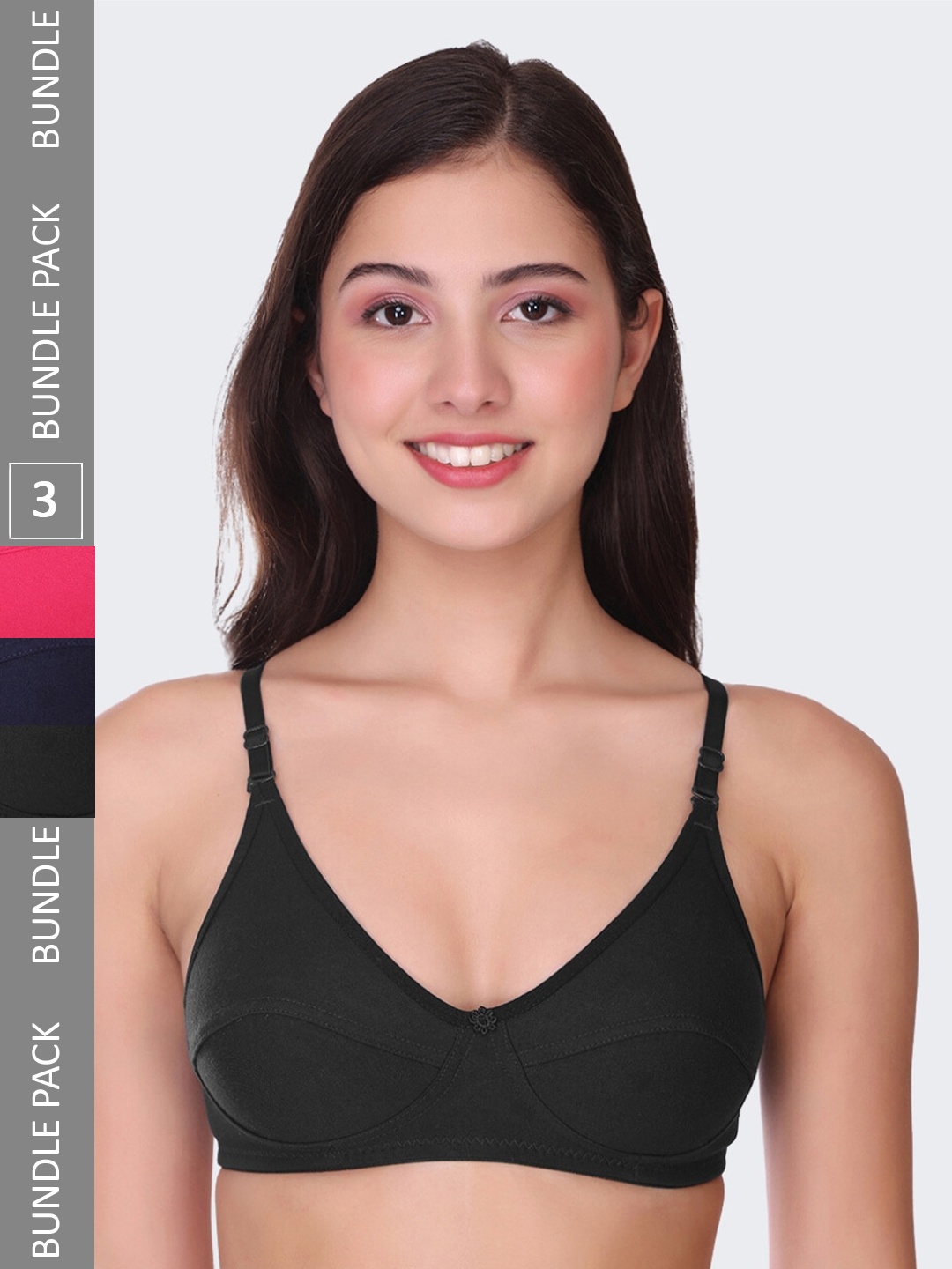 

POOJA RAGENEE Pack Of 3 Non-Wired Non Padded All Day Comfort T-Shirt Bra, Navy blue
