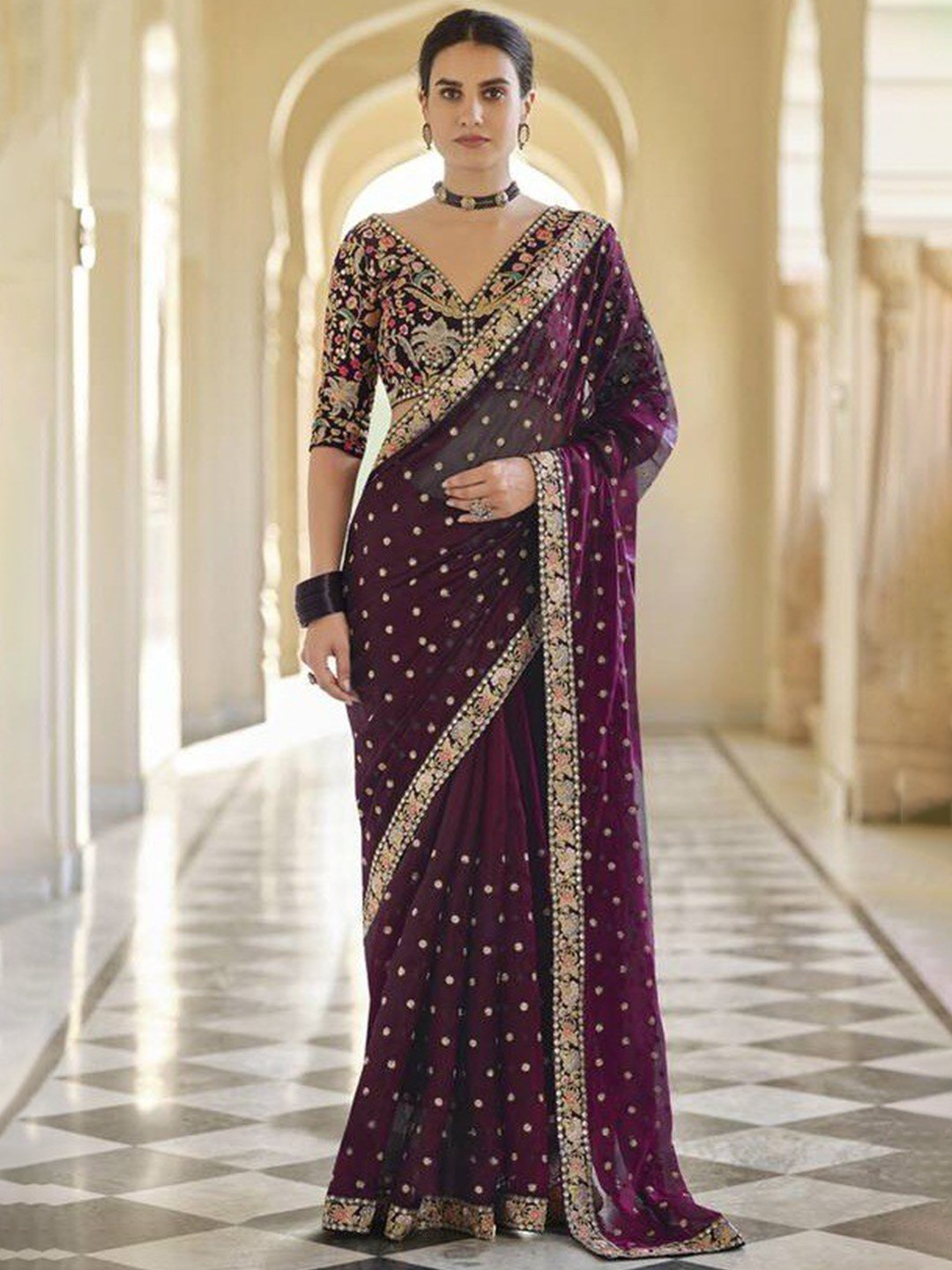 

Fashion Basket Ethnic Motifs Embroidered Pure Silk Saree, Purple