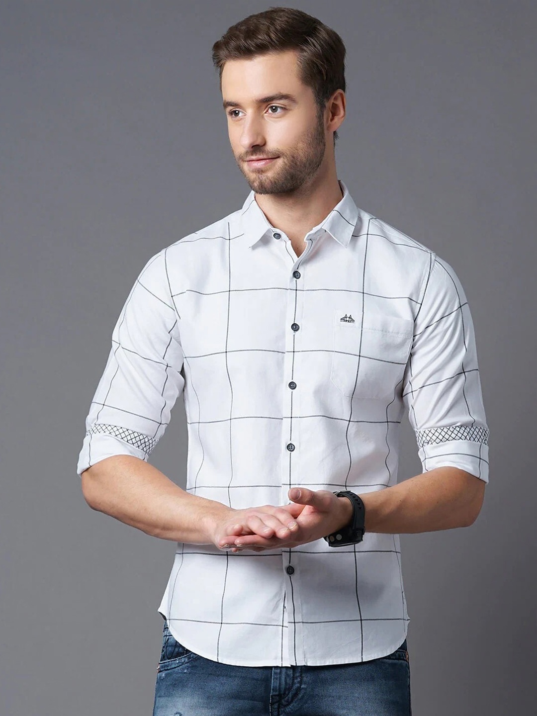 

British Club Smart Slim Fit Windowpane Checked Opaque Pure Cotton Casual Shirt, White