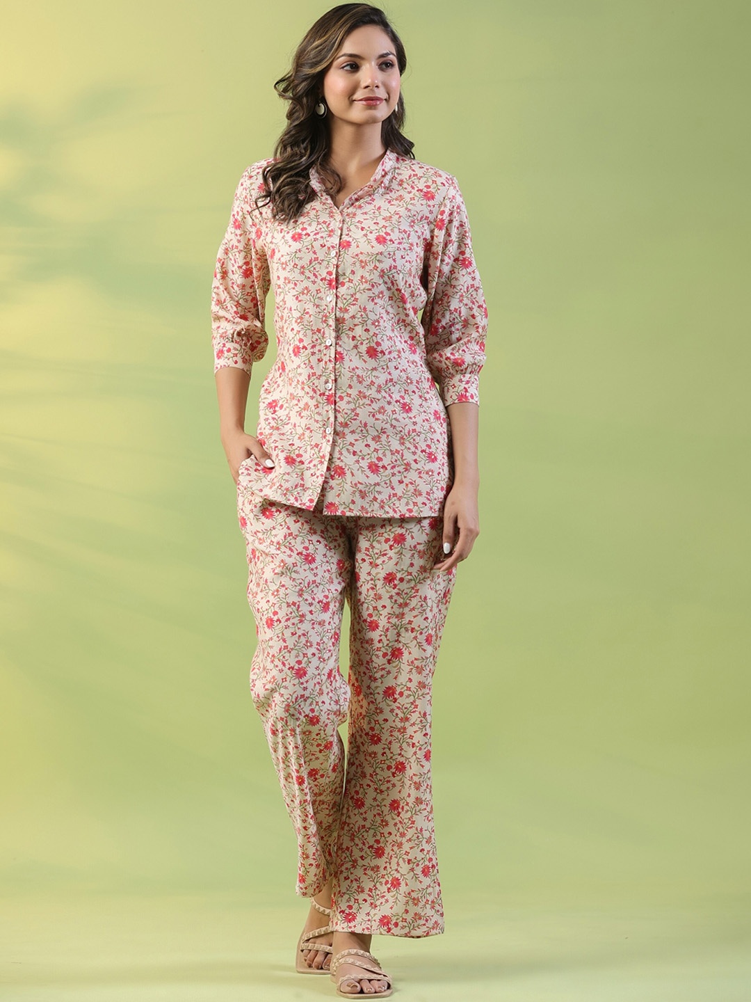 

mirari Printed Cotton Shirt & Trouser Co-Ords, Beige