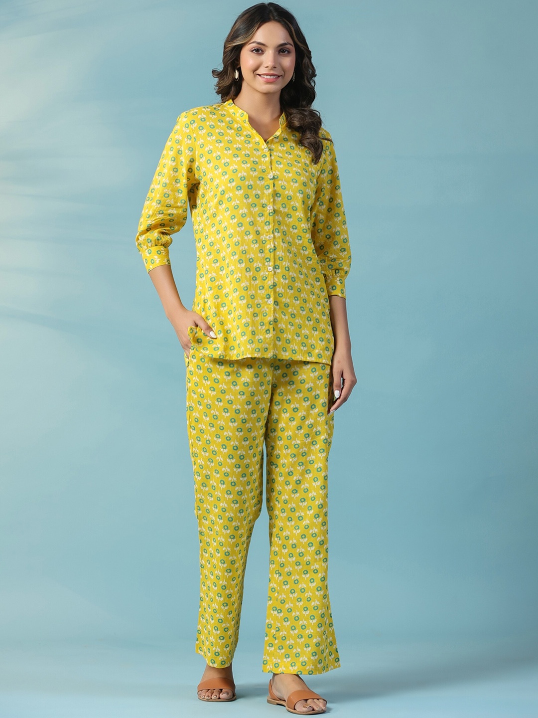 

mirari Women Printed Cotton Shirt & Trouser Co-Ords, Yellow