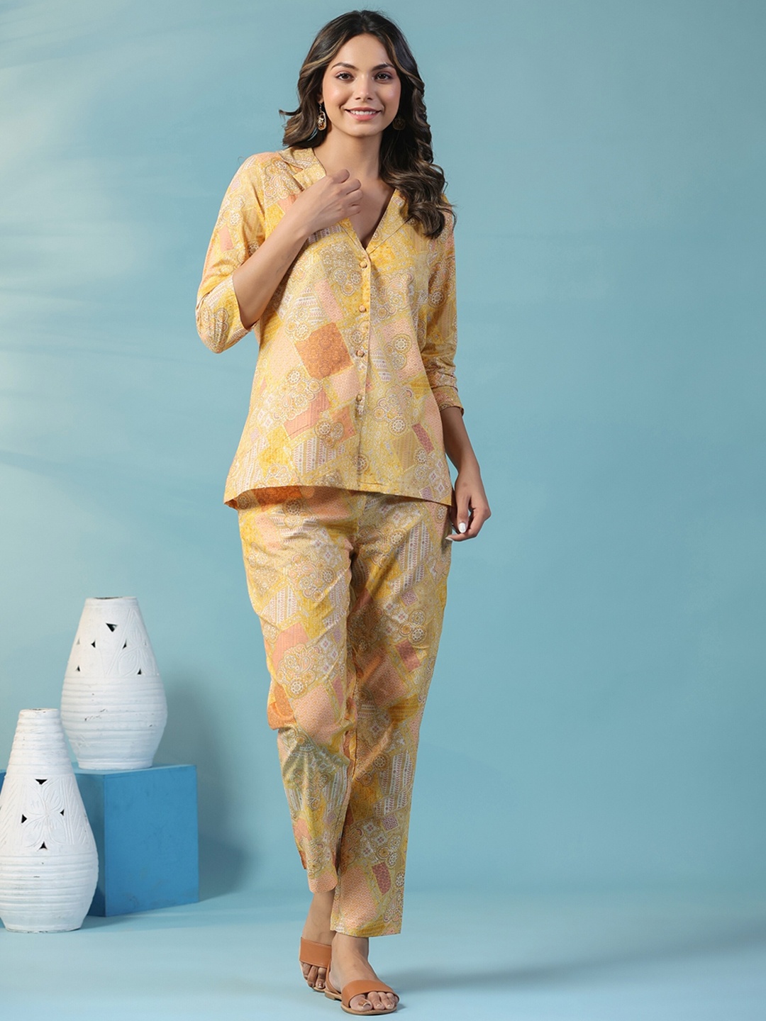

mirari Floral Printed Pure Cotton Co-Ords, Yellow