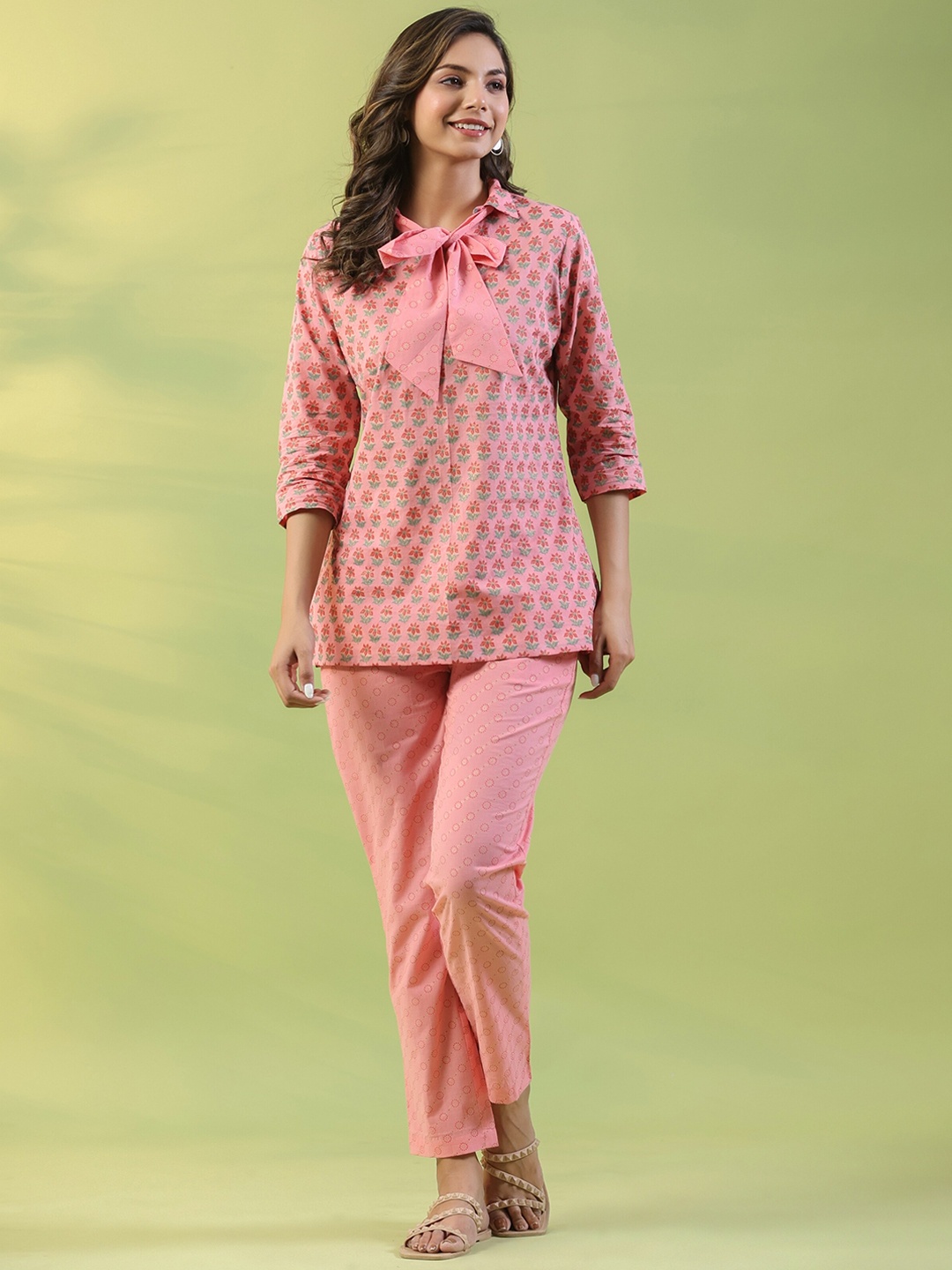 

mirari Printed Pure Cotton Shirt Collar Top With TrousersCo-Ords, Pink