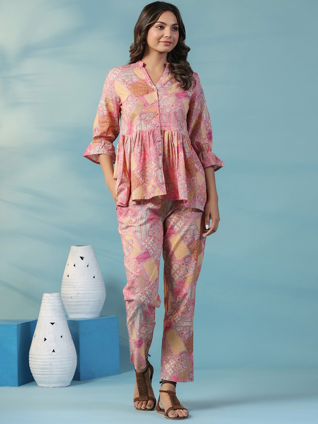 

mirari Printed Mandarin Collar Top With TrousersCo-Ords, Pink
