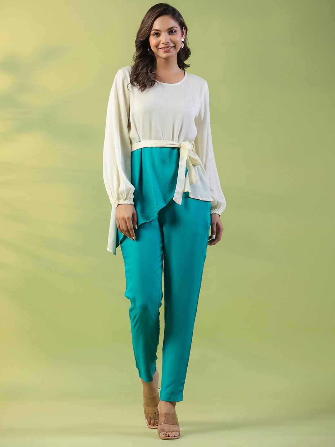 

mirari Colourblocked Up-Down Top With Straight Pants Co-Ords, Turquoise blue