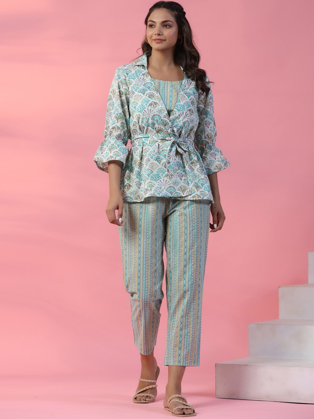 

mirari Printed Pure Cotton Shoulder Straps Top With Trousers& Shrug Co-Ords, Turquoise blue