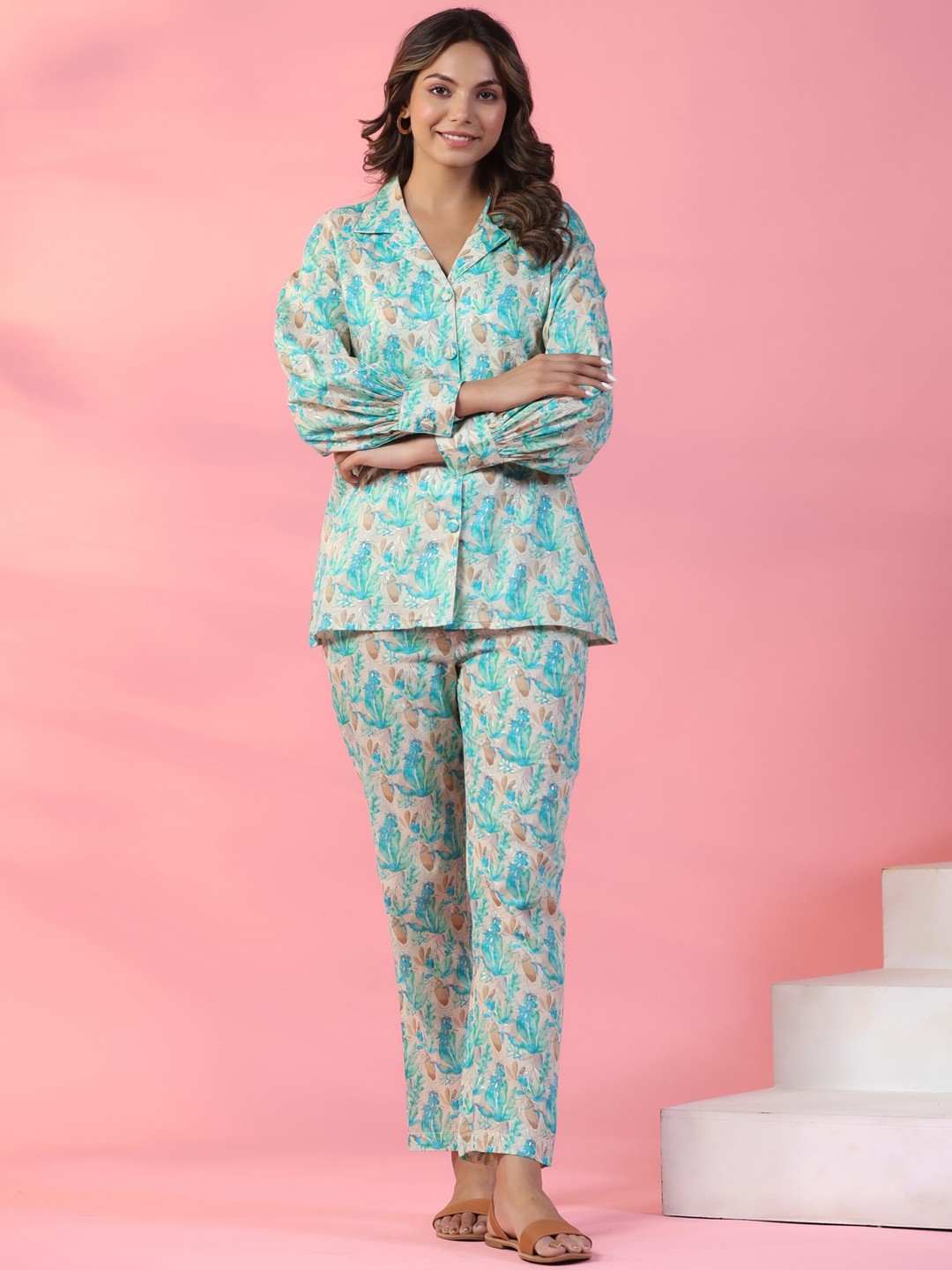 

mirari Floral Printed Pure Cotton Top With Pants & Jacket, Off white