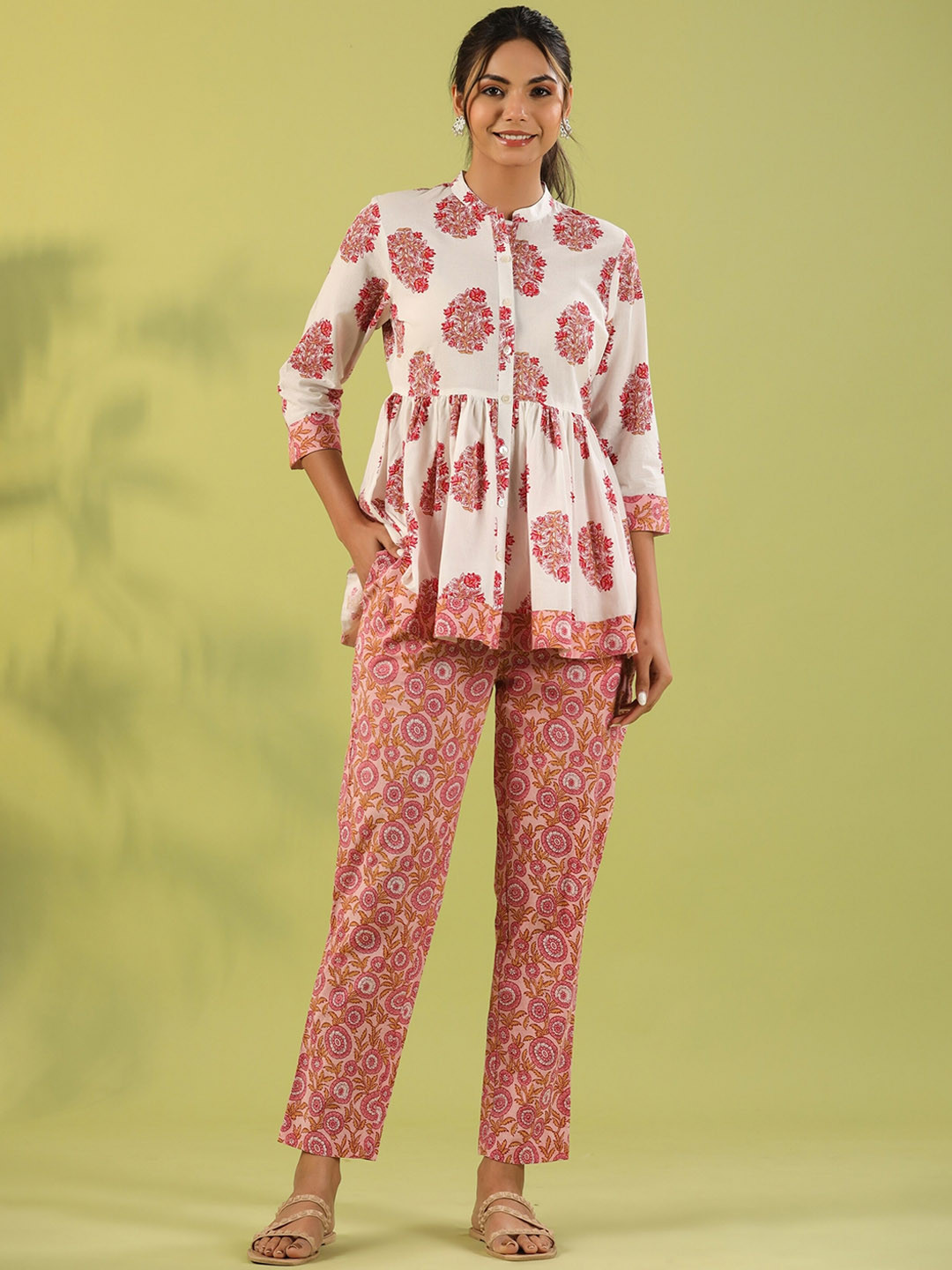 

mirari Printed Pure Cotton Mandarin Collar Top With TrousersCo-Ords, Pink