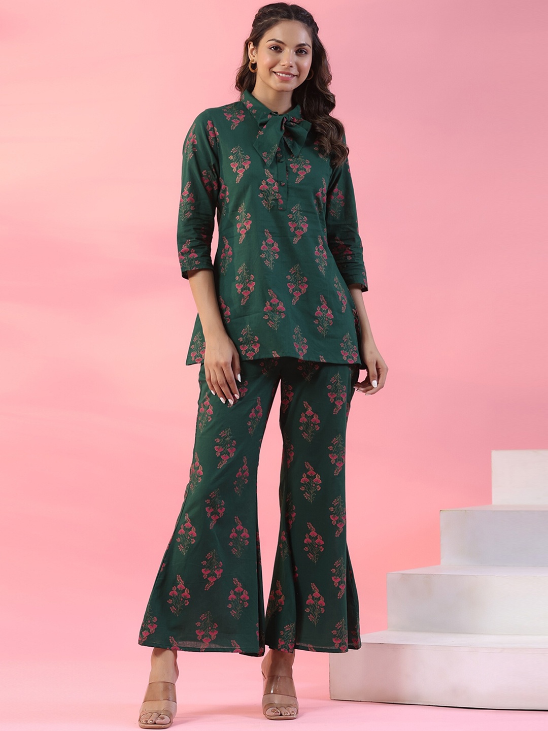 

mirari Printed Pure Cotton Shirt Collar Top With TrousersCo-Ords, Green