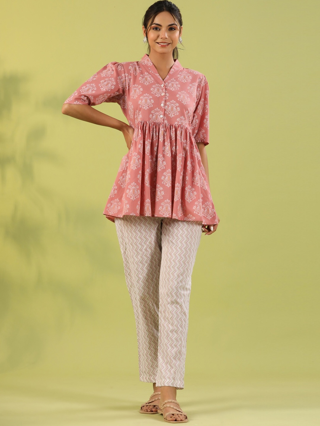 

mirari Floral Printed Pure Cotton V-Neck Peplum Top With Trousers Co-Ords, Peach