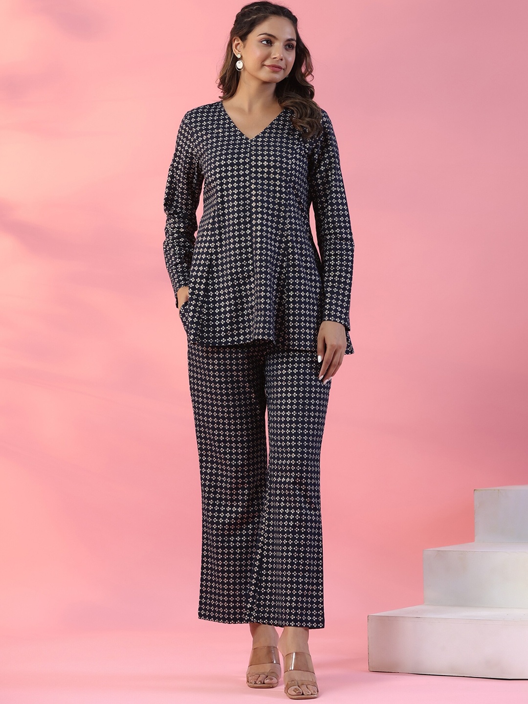

mirari Printed Pure Cotton V-Neck Top With Trousers, Navy blue