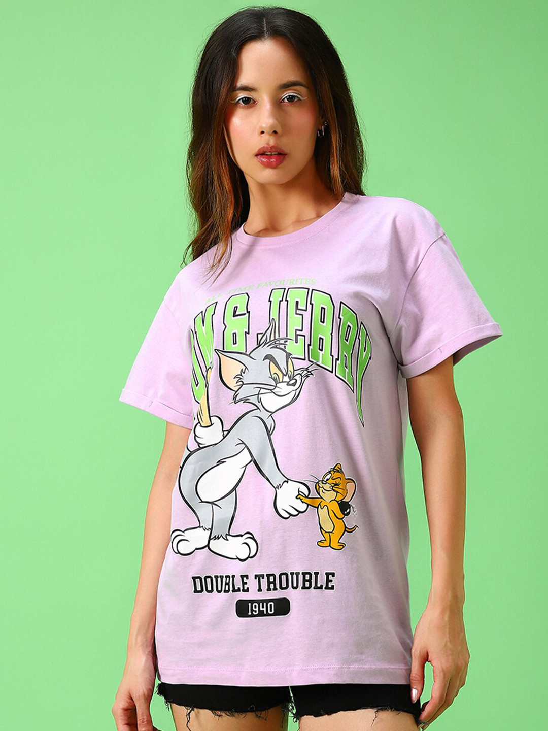

Bewakoof Purple Graphic Tom & Jerry Printed Oversized Cotton T-Shirt