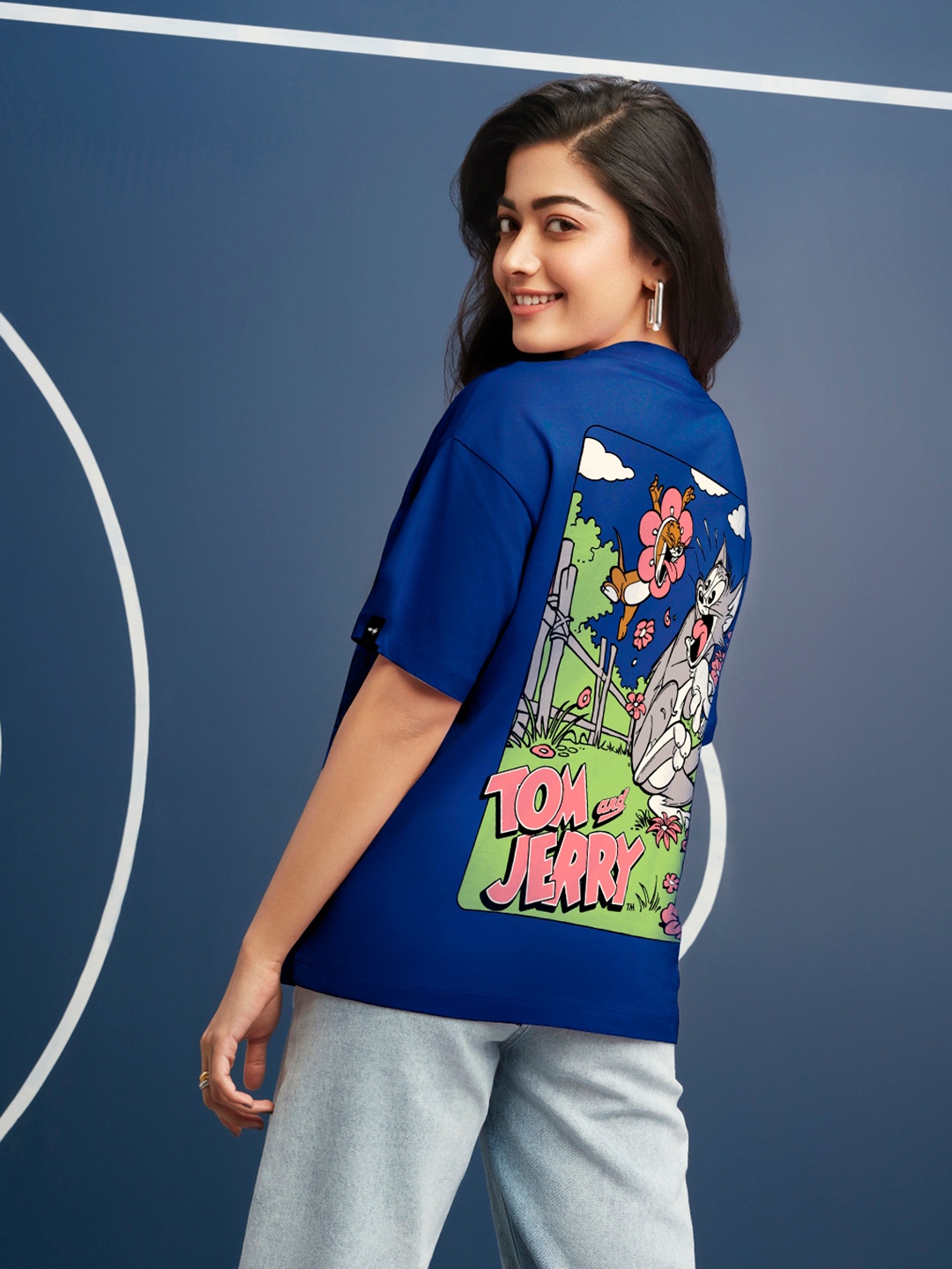 Bewakoof x Official Tom & Jerry Merchandise Scare Typography Print Oversized T-shirt, Blue
