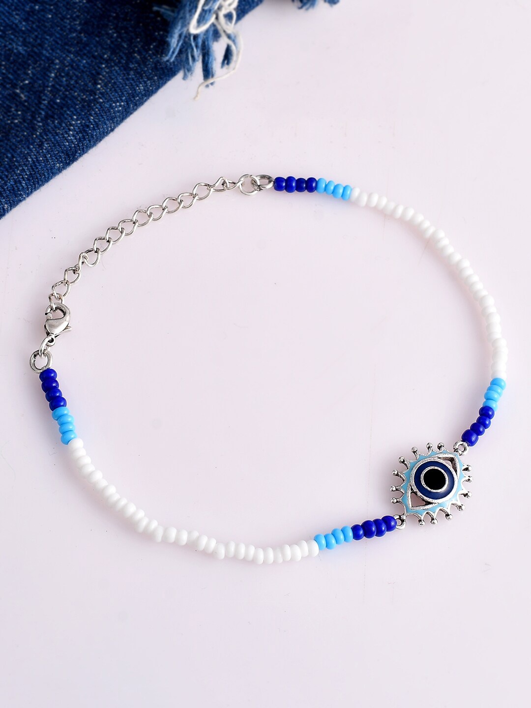 

Voylla Silver-Plated Oxidised Enamelled Evil-Eye Charm Anklet