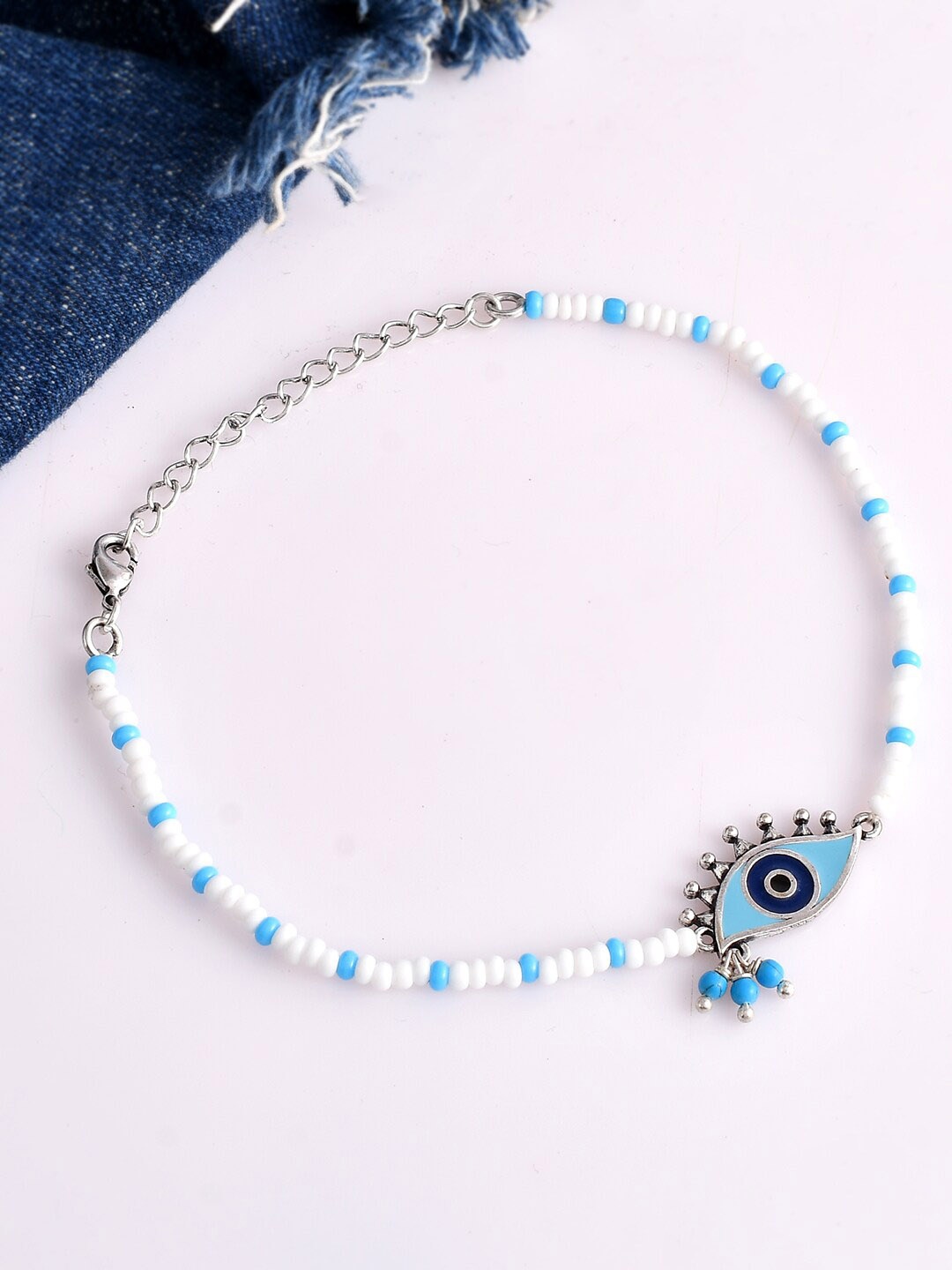 

Voylla Silver-Plated & Beaded Evil Eye Anklet