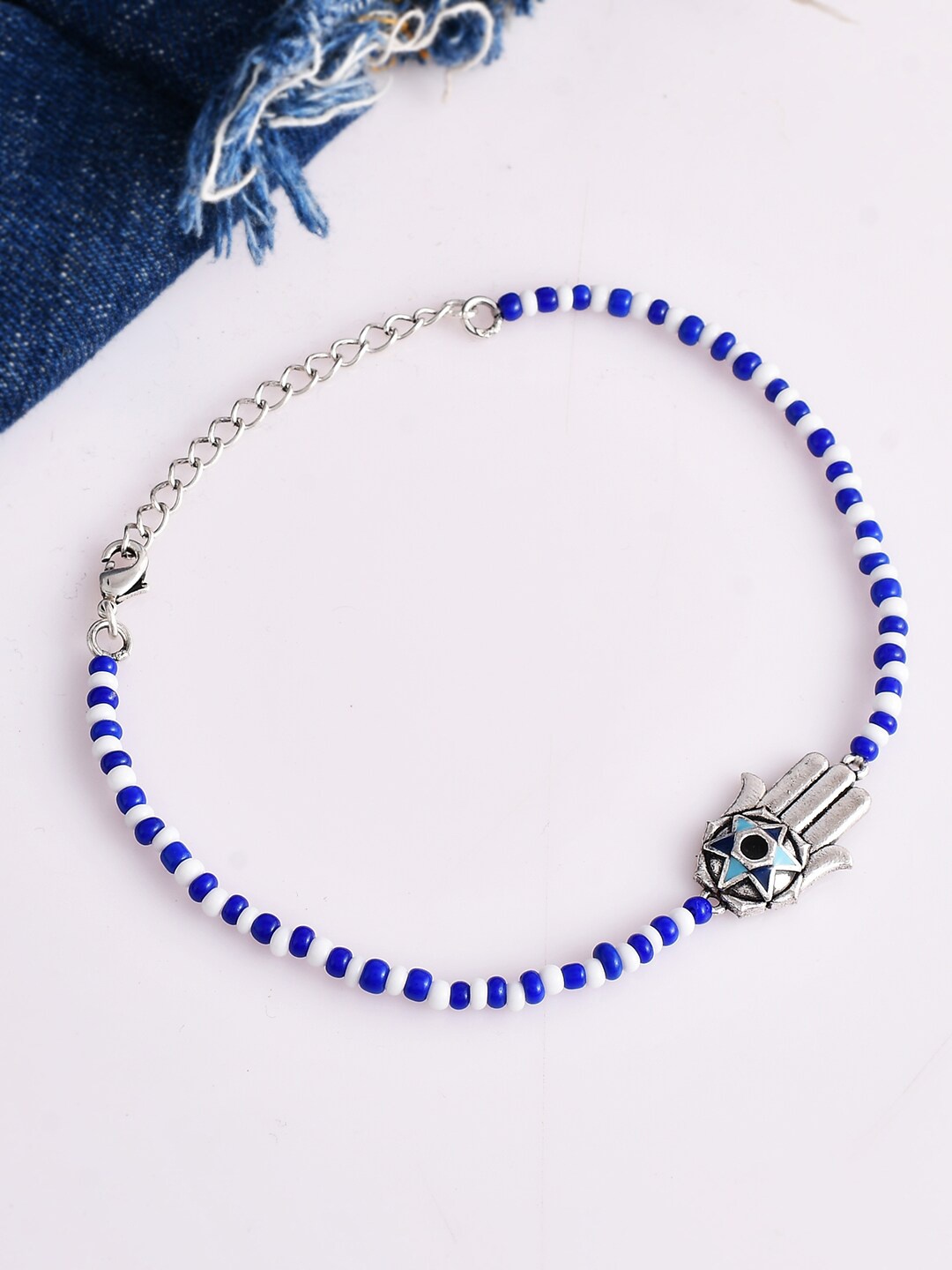 

Voylla Silver-Plated Beads-Studded & Beaded Evil Eye Hamsa Anklet