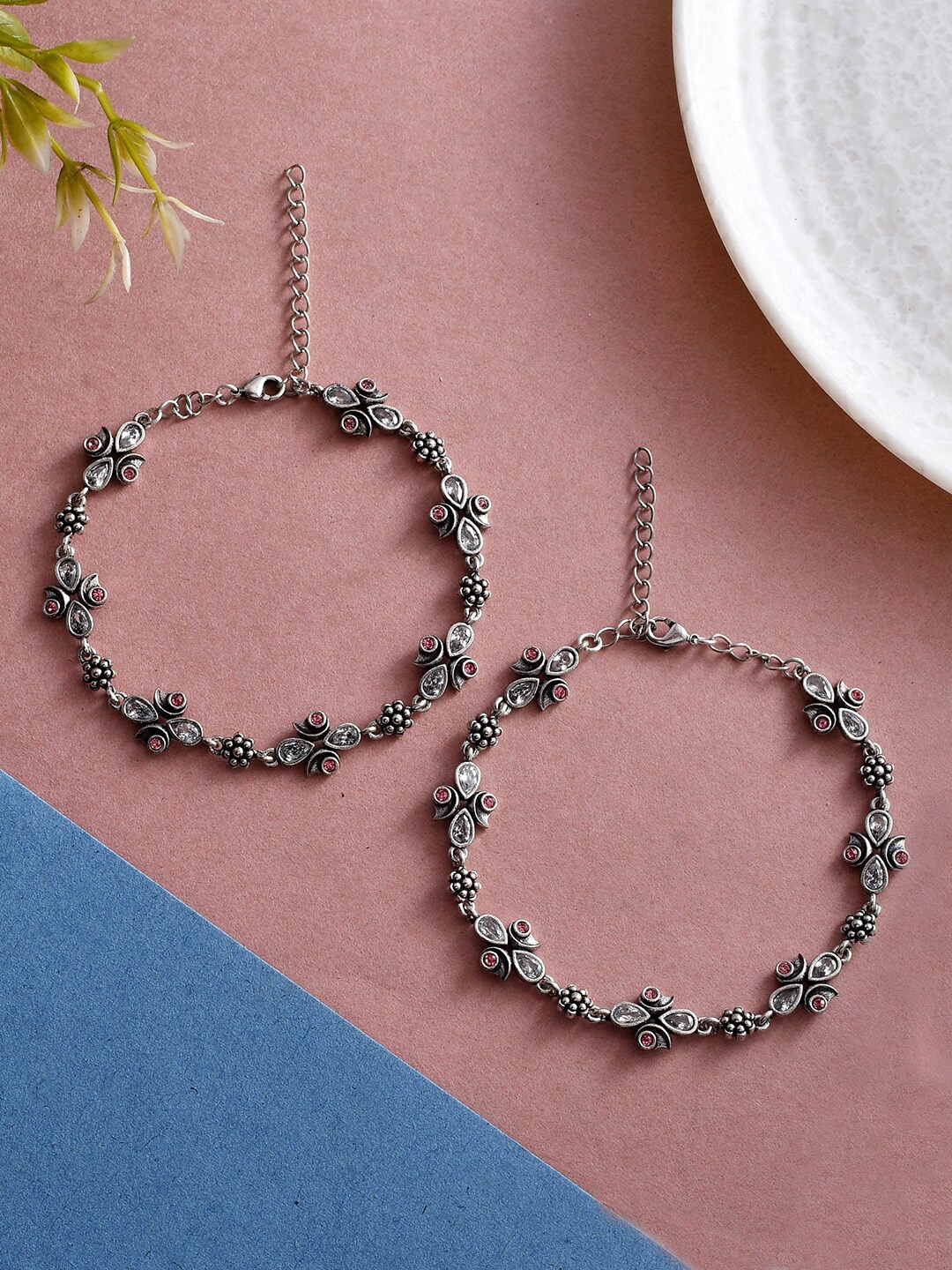 

Voylla Silver-Plated Stone-Studded Oxidised Anklets