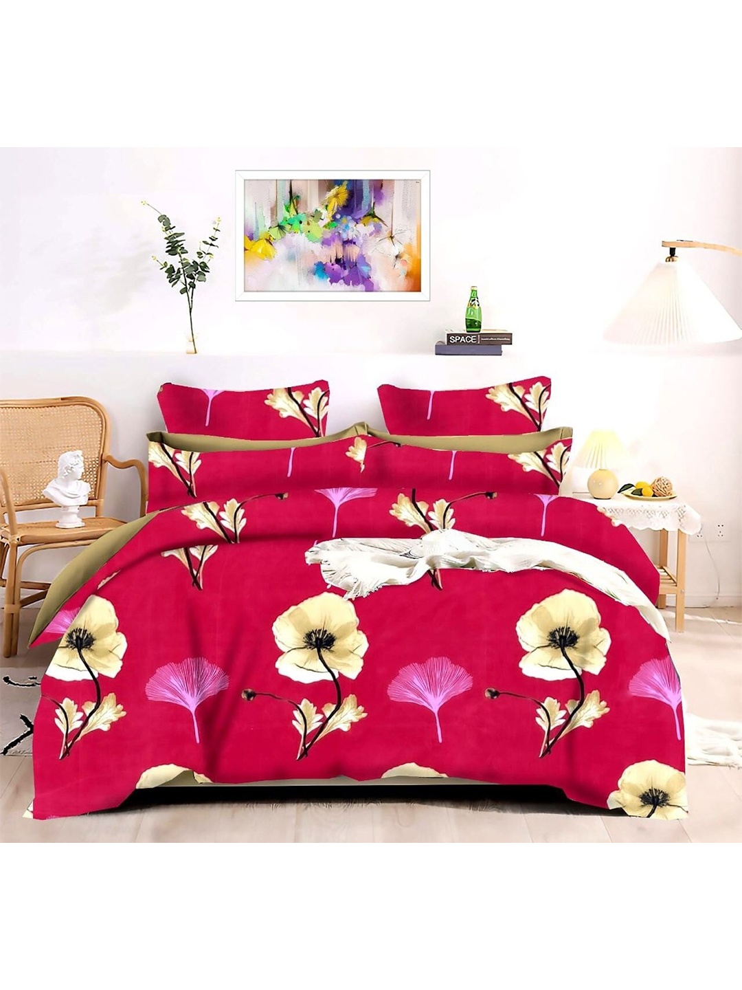

Stylespace by Isha Premimum Quality Red Floral 240 TC King Bedsheet With 2 Pillow Covers