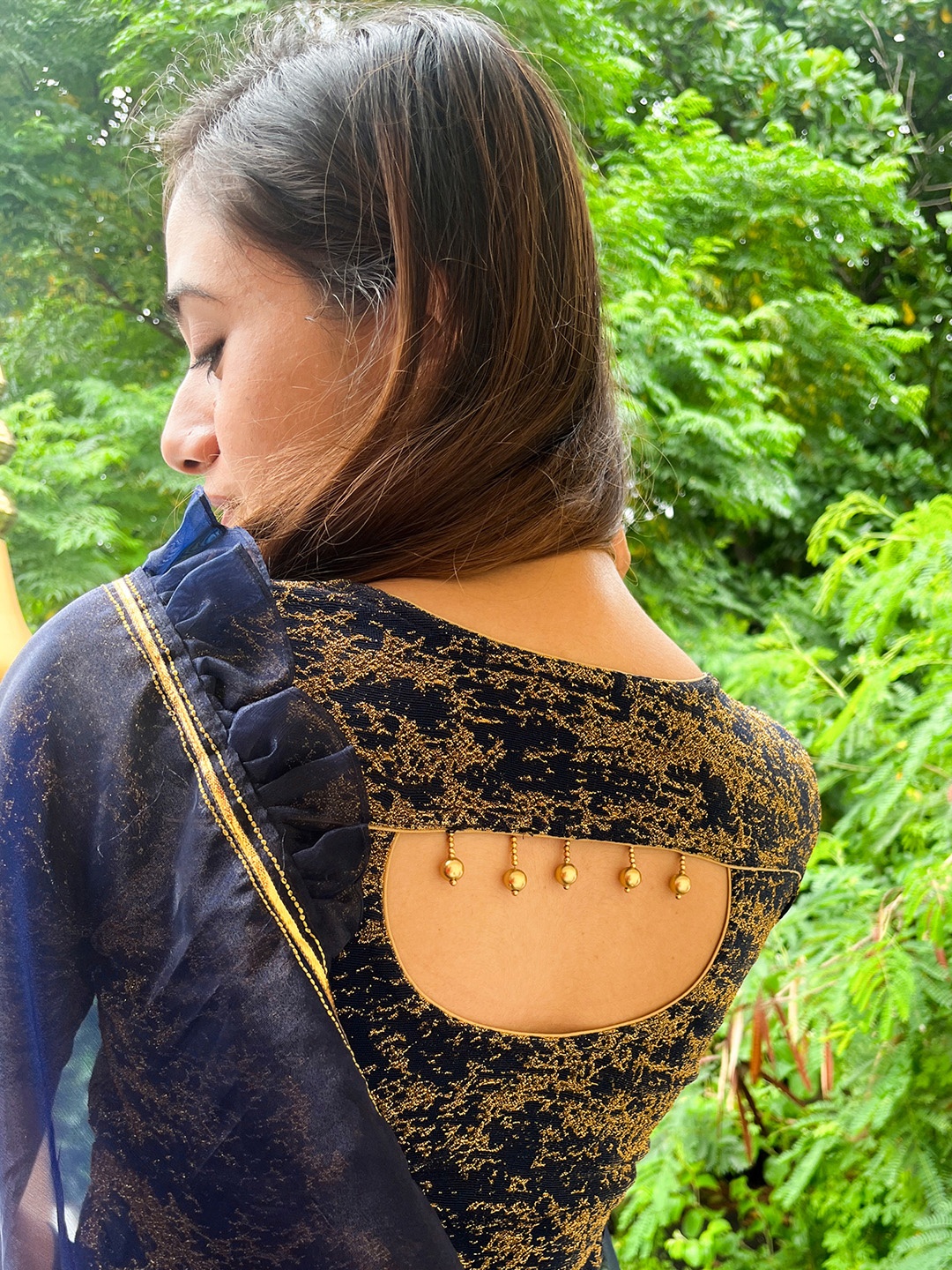 

Bindigasm's Advi Zari Embroidered Stretchable Saree Blouse, Navy blue