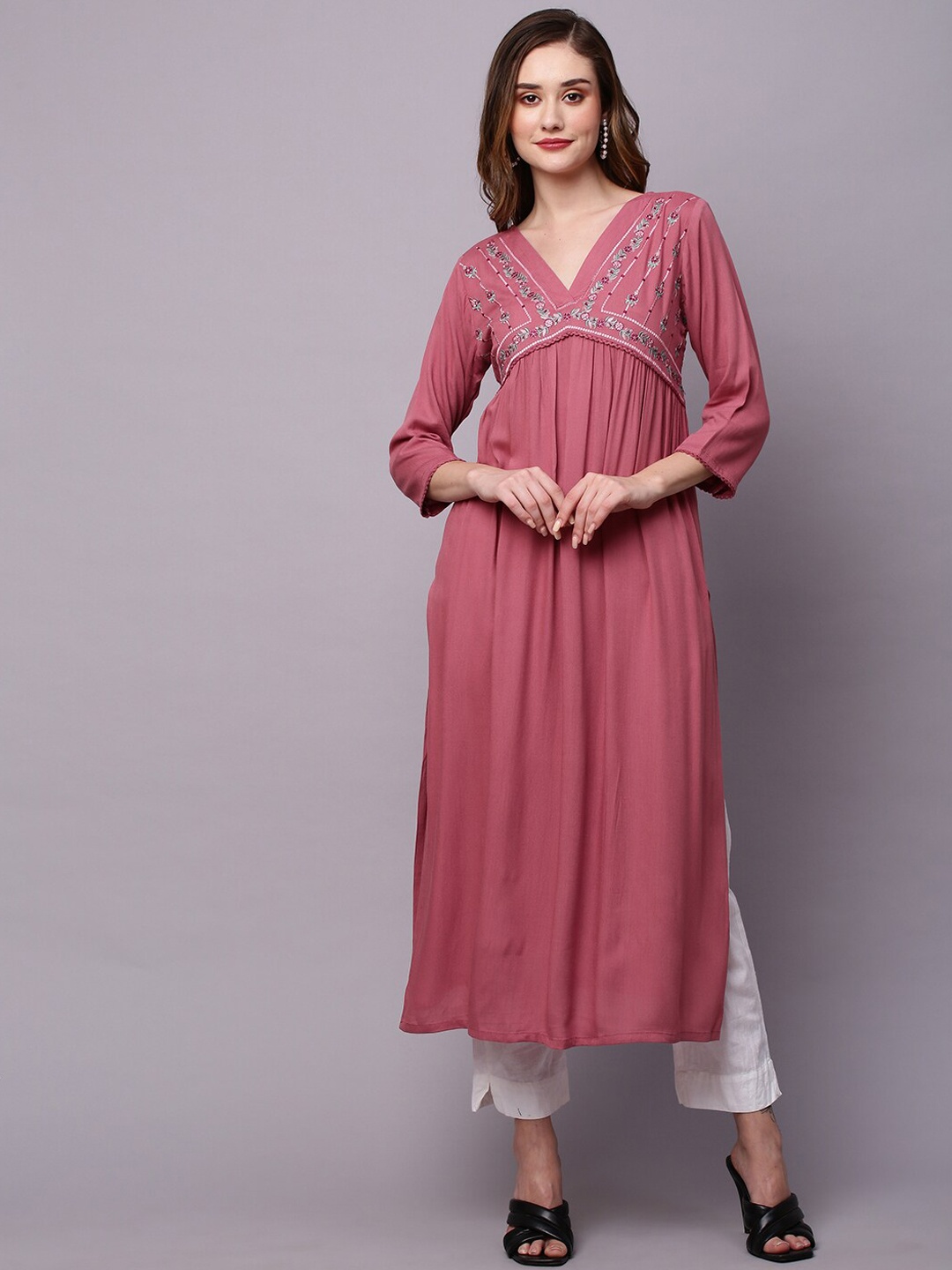 

INDYES Embroidered Yoke Design Pleated A-Line Kurta, Mauve
