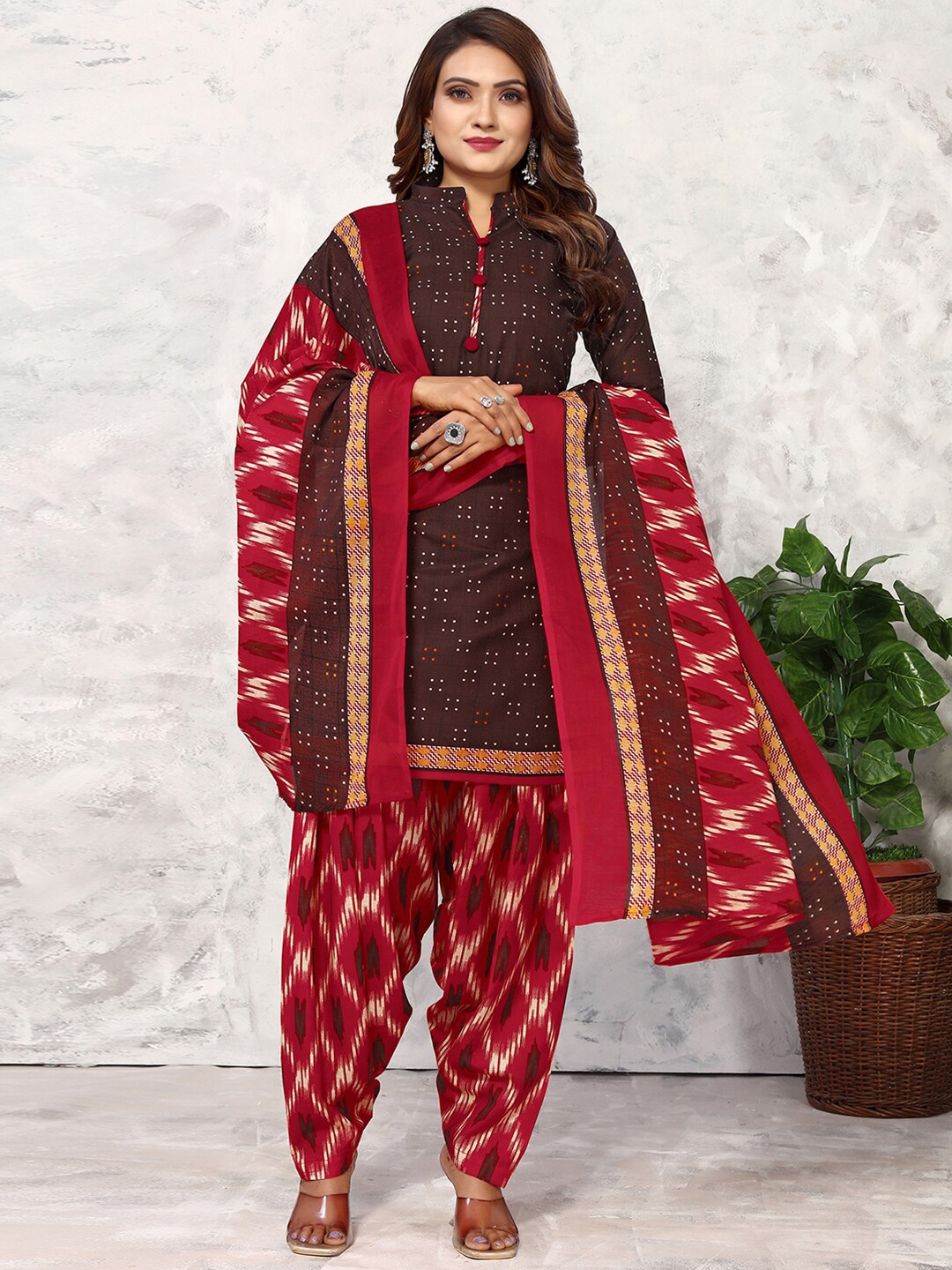 

KALINI Geometric Printed Unstitched Dress Material, Brown