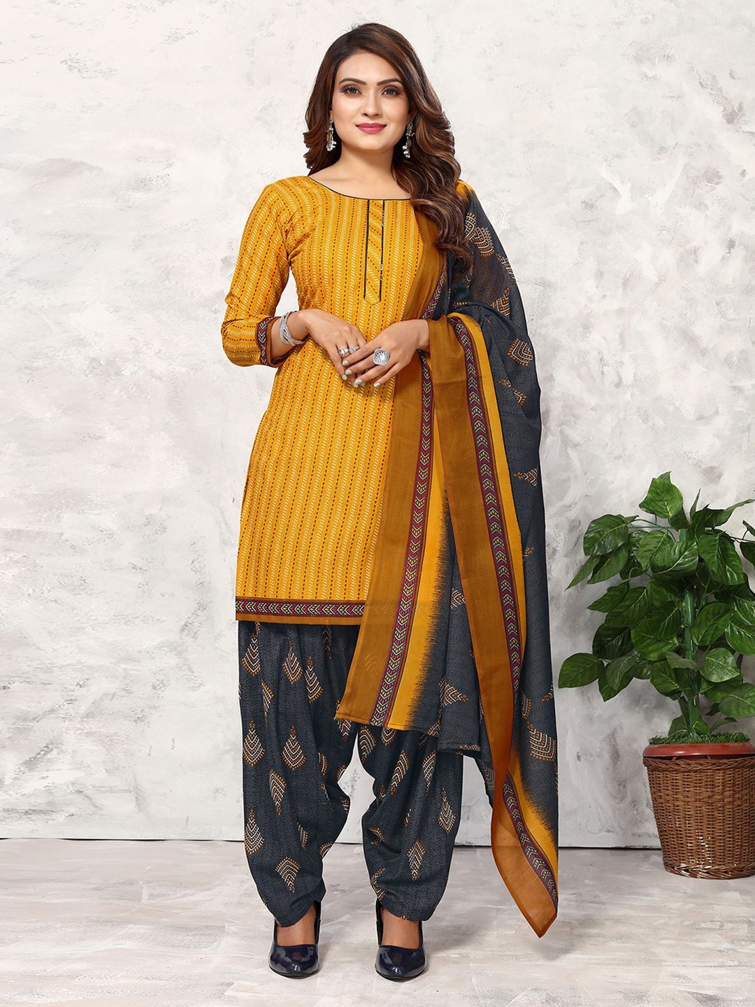 

KALINI Striped Unstitched Dress Material, Mustard