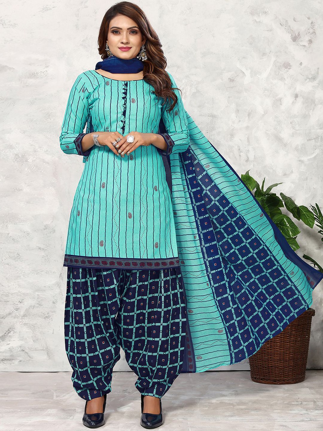 

KALINI Striped Unstitched Dress Material, Turquoise blue