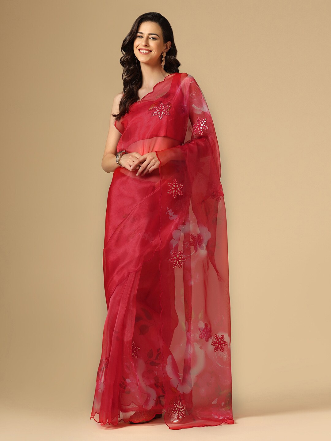 

Satrani Red & White Floral Mirror Work Organza Saree