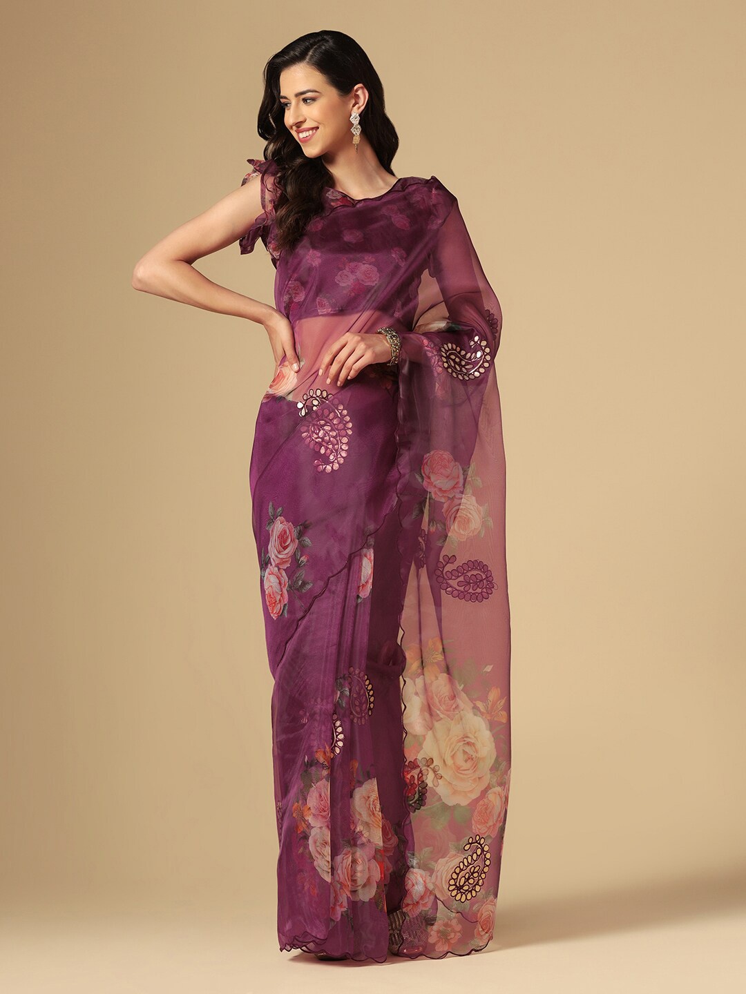 

Satrani Purple & Green Floral Embroidered Organza Saree