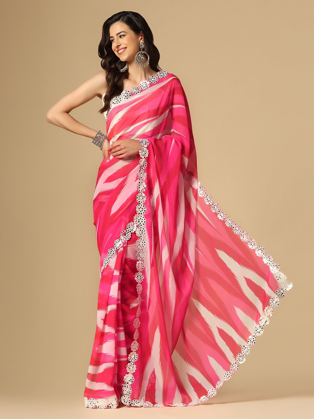

Satrani Pink & White Mirror Work Poly Georgette Saree