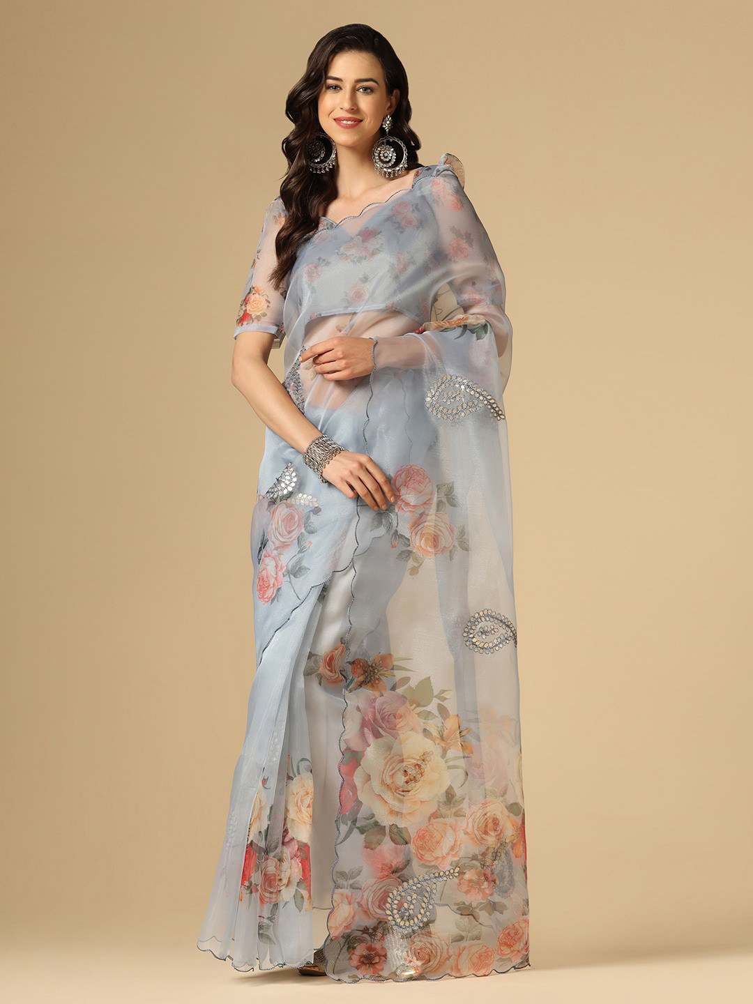 

Satrani Grey & Green Floral Mirror Work Organza Saree
