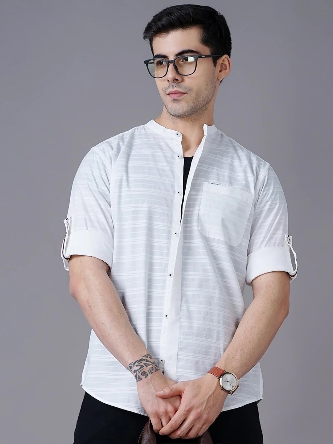 

British Club Men Smart Slim Fit Horizontal Striped Pure Cotton Casual Shirt, White