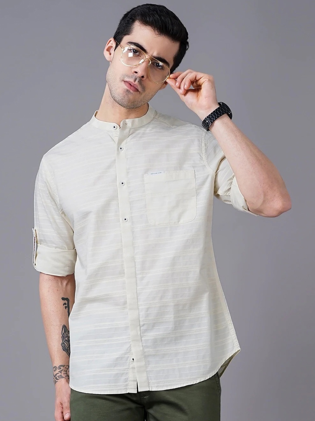 

British Club Men Smart Slim Fit Pure Cotton Casual Shirt, Cream