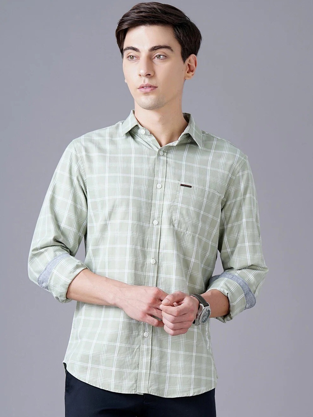 

British Club Men Smart Slim Fit Checked Pure Cotton Casual Shirt, Green