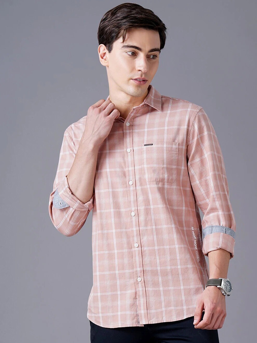 

British Club Men Smart Slim Fit Checked Pure Cotton Casual Shirt, Orange
