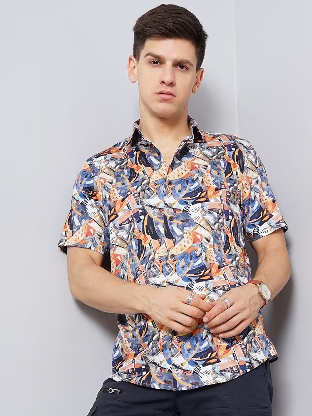 

British Club Men Smart Slim Fit Printed Pure Cotton Casual Shirt, Blue